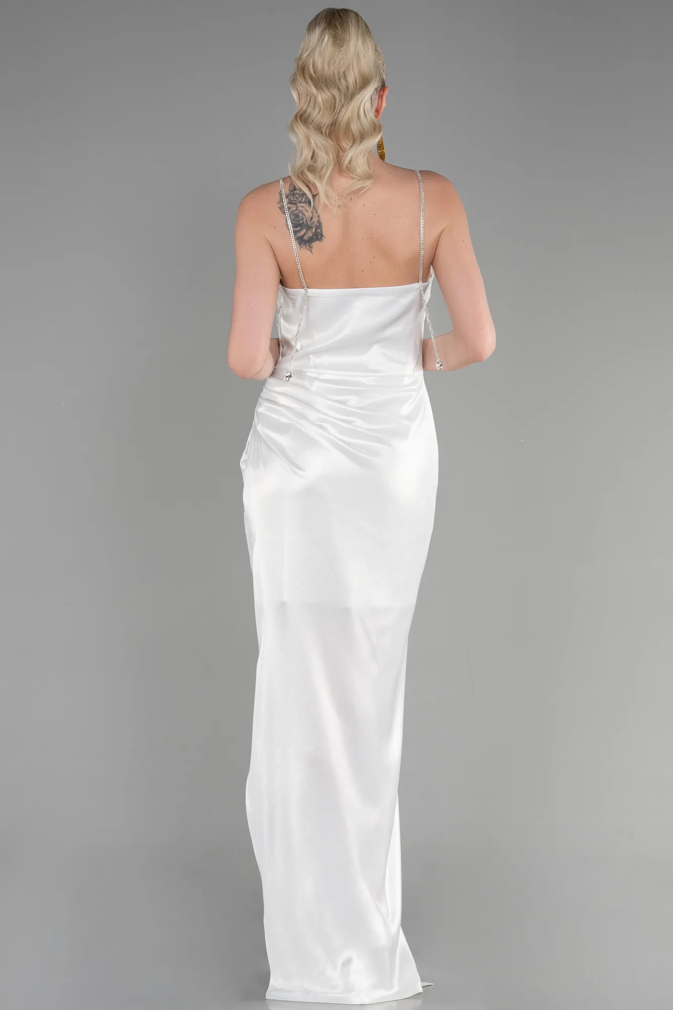 Ecru-Long Satin Evening Dress ABU3629