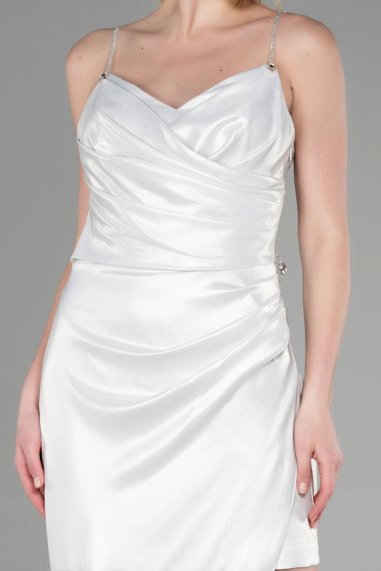 Ecru-Long Satin Evening Dress ABU3629