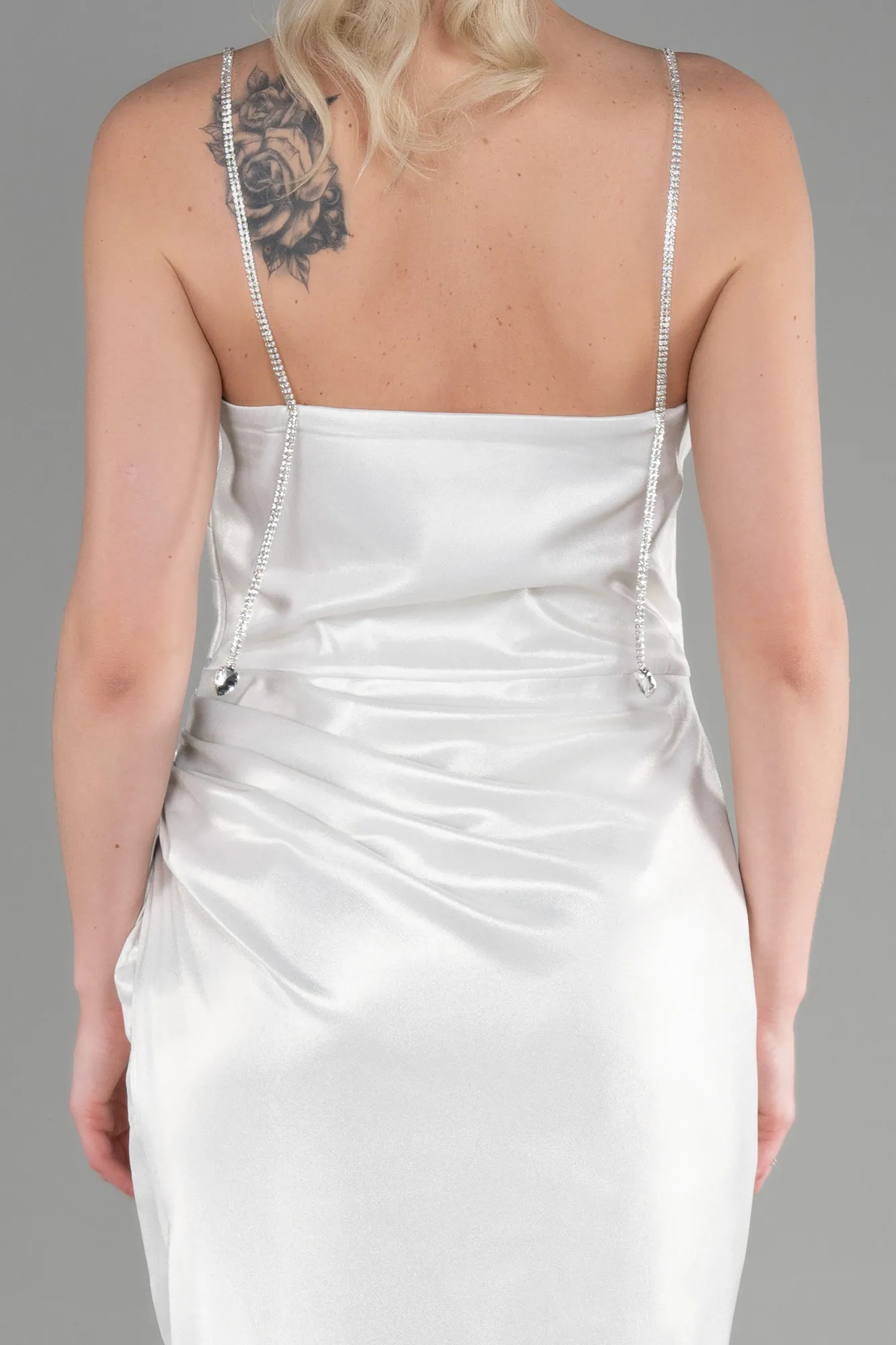 Ecru-Long Satin Evening Dress ABU3629