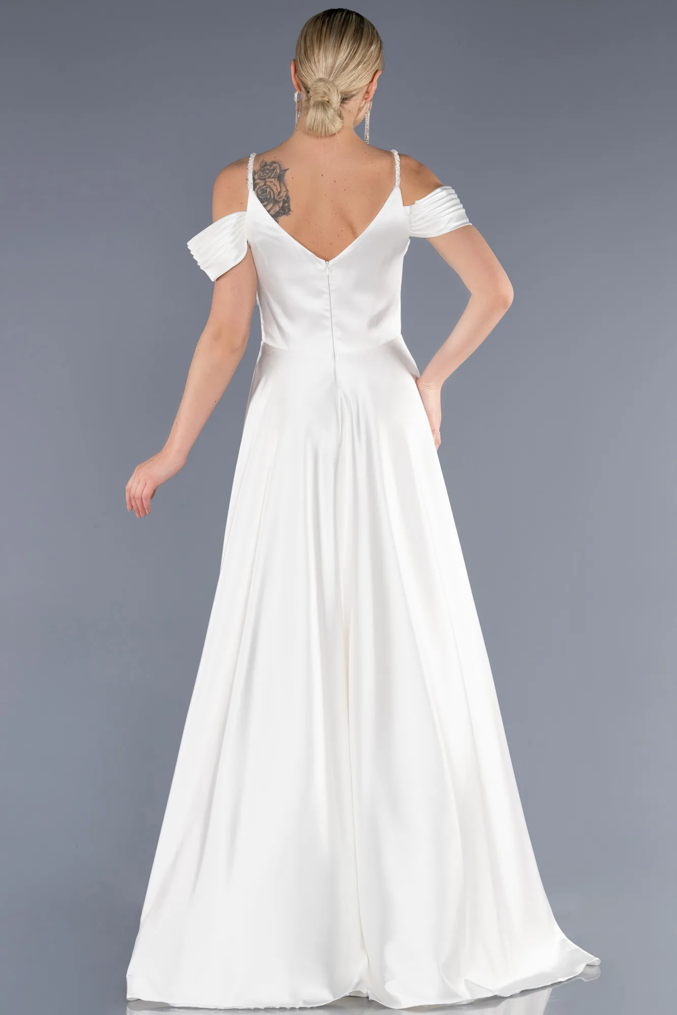 Ecru-Long Satin Evening Dress ABU3678