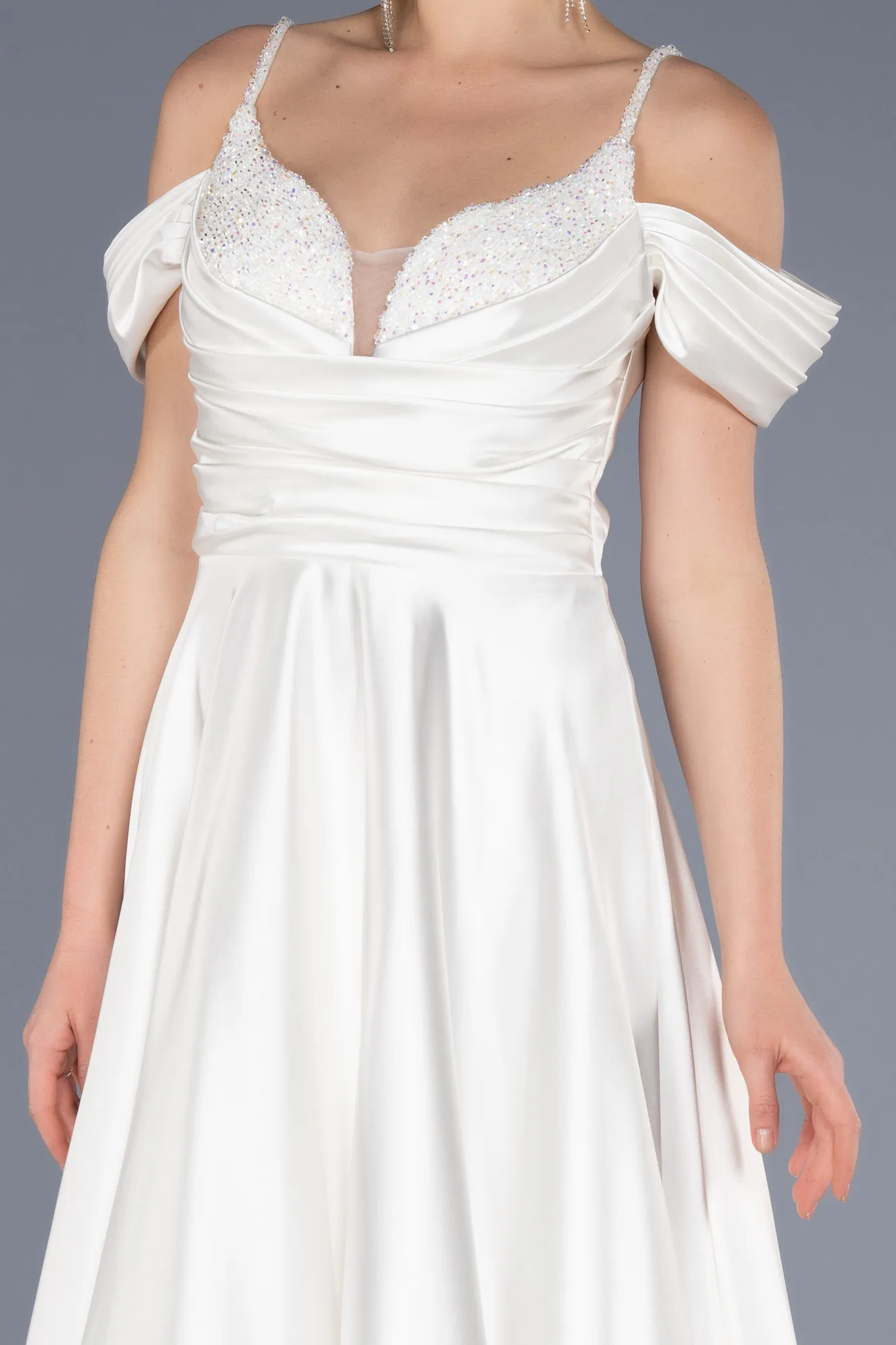 Ecru-Long Satin Evening Dress ABU3678