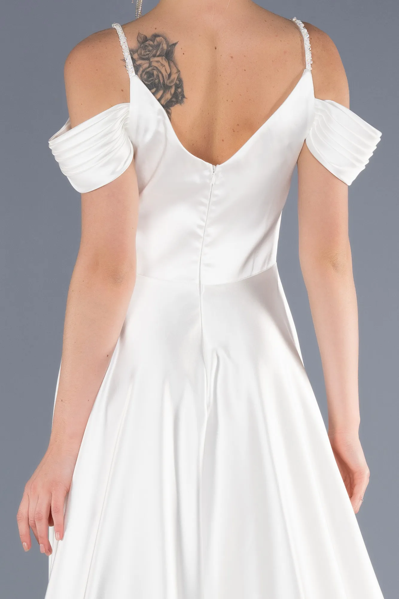 Ecru-Long Satin Evening Dress ABU3678