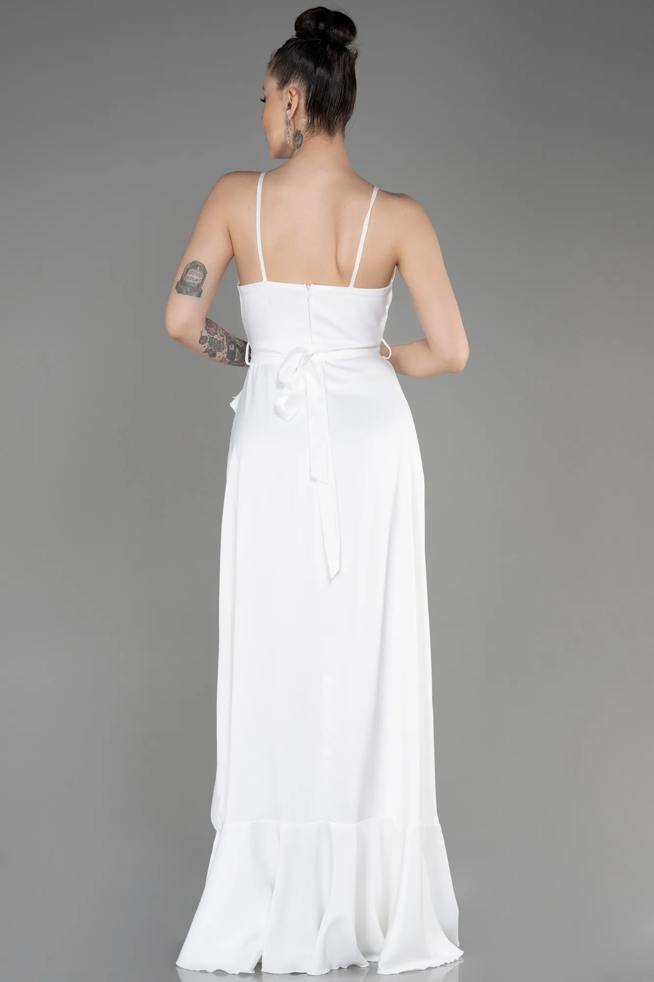 Ecru-Long Satin Evening Dress ABU3807