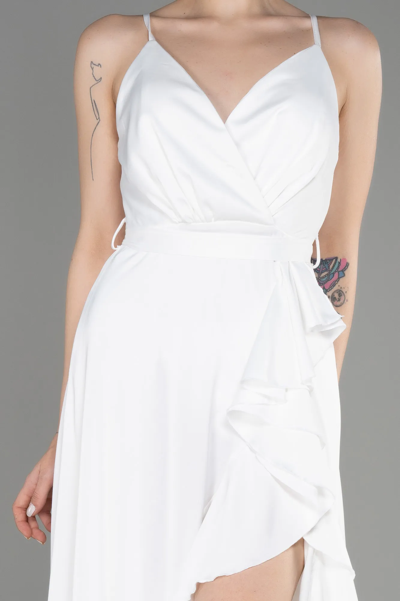 Ecru-Long Satin Evening Dress ABU3807