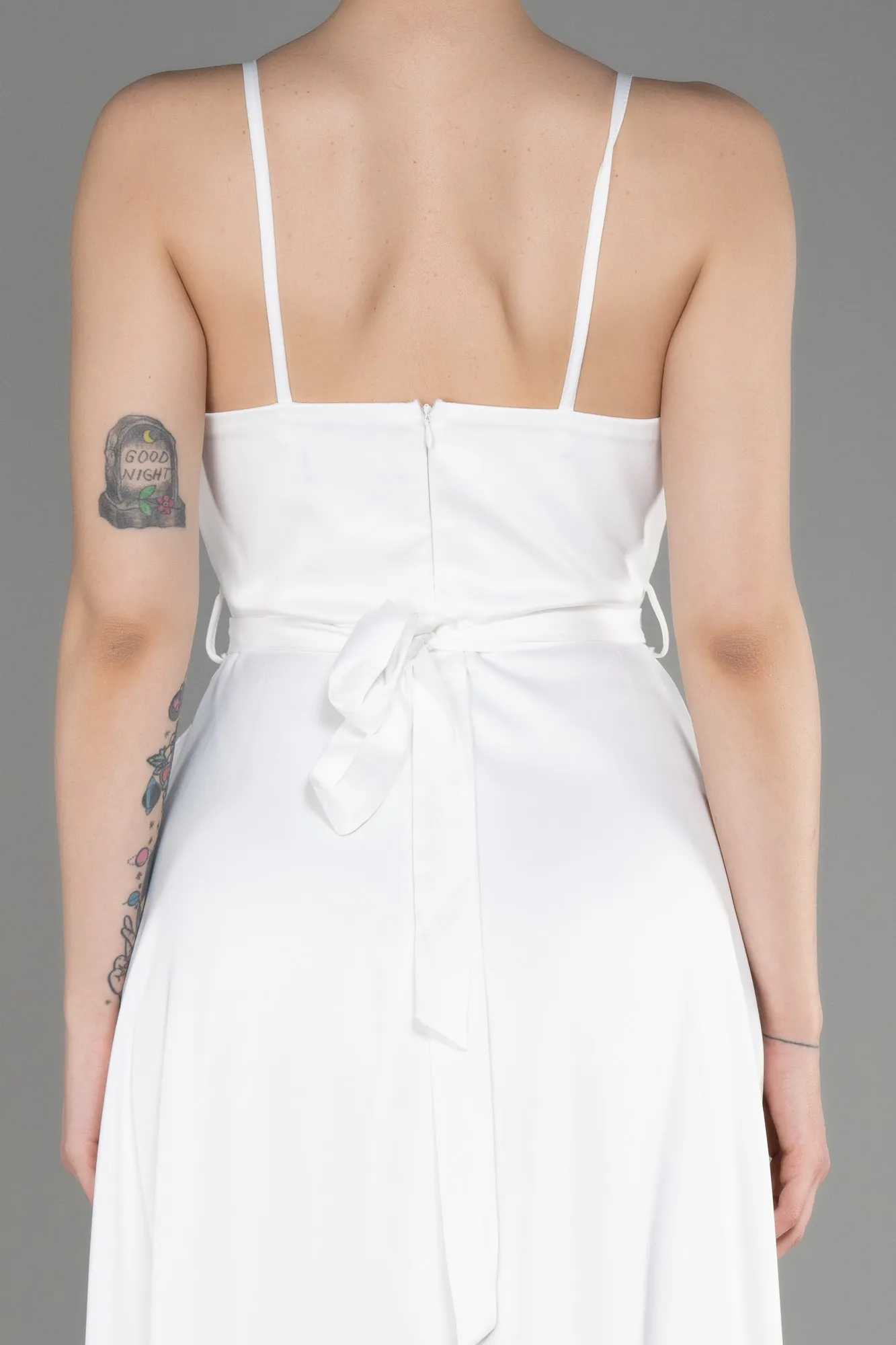 Ecru-Long Satin Evening Dress ABU3807