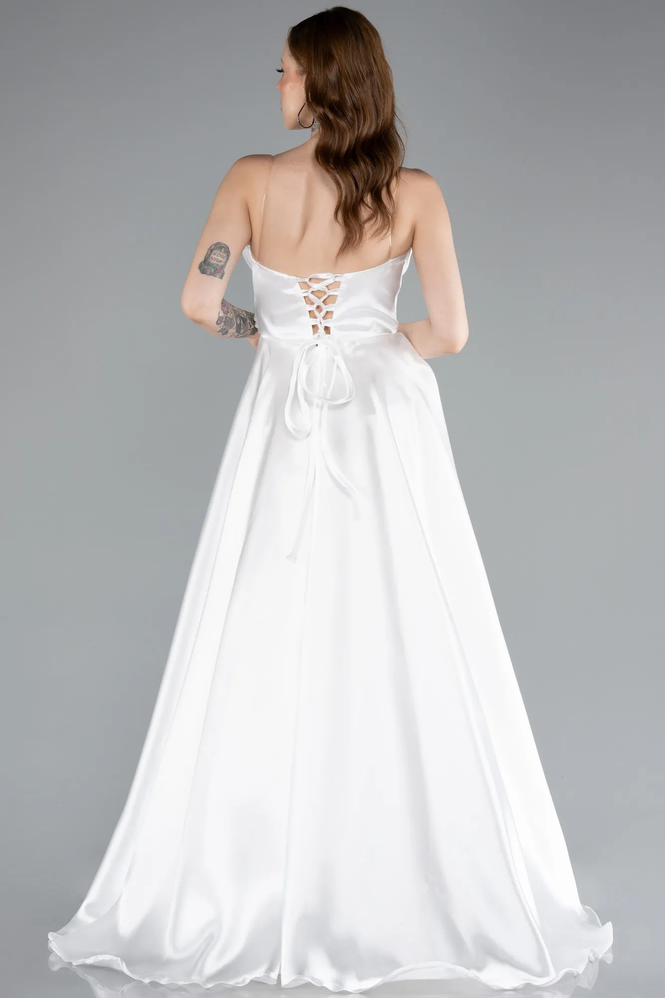 Ecru-Long Satin Evening Dress ABU4222