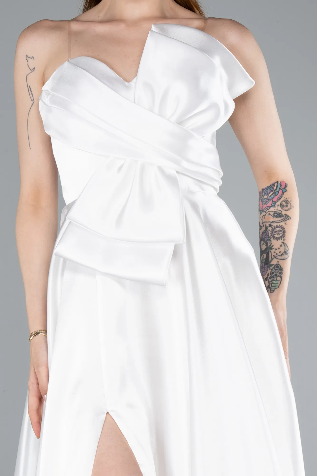 Ecru-Long Satin Evening Dress ABU4222