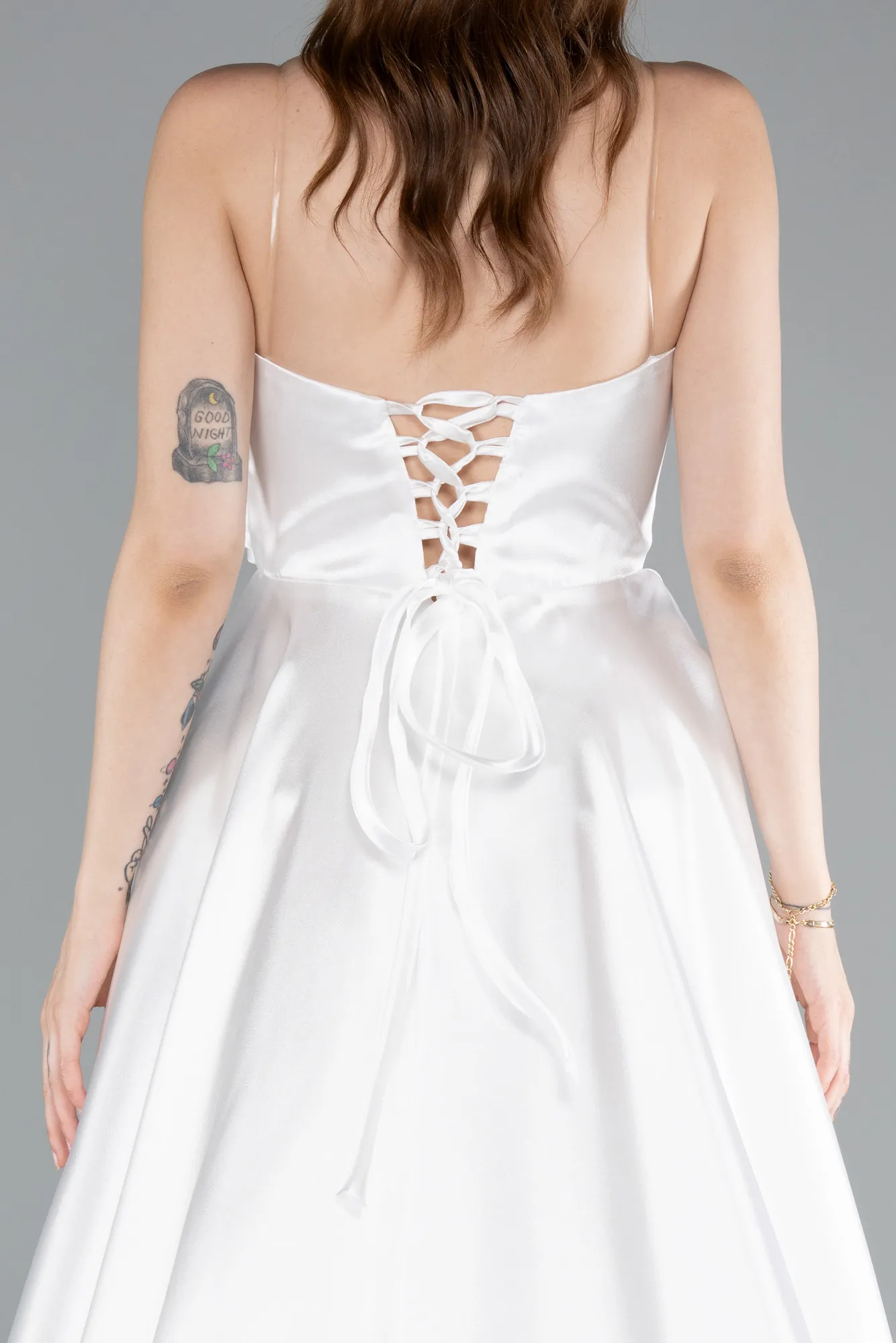 Ecru-Long Satin Evening Dress ABU4222