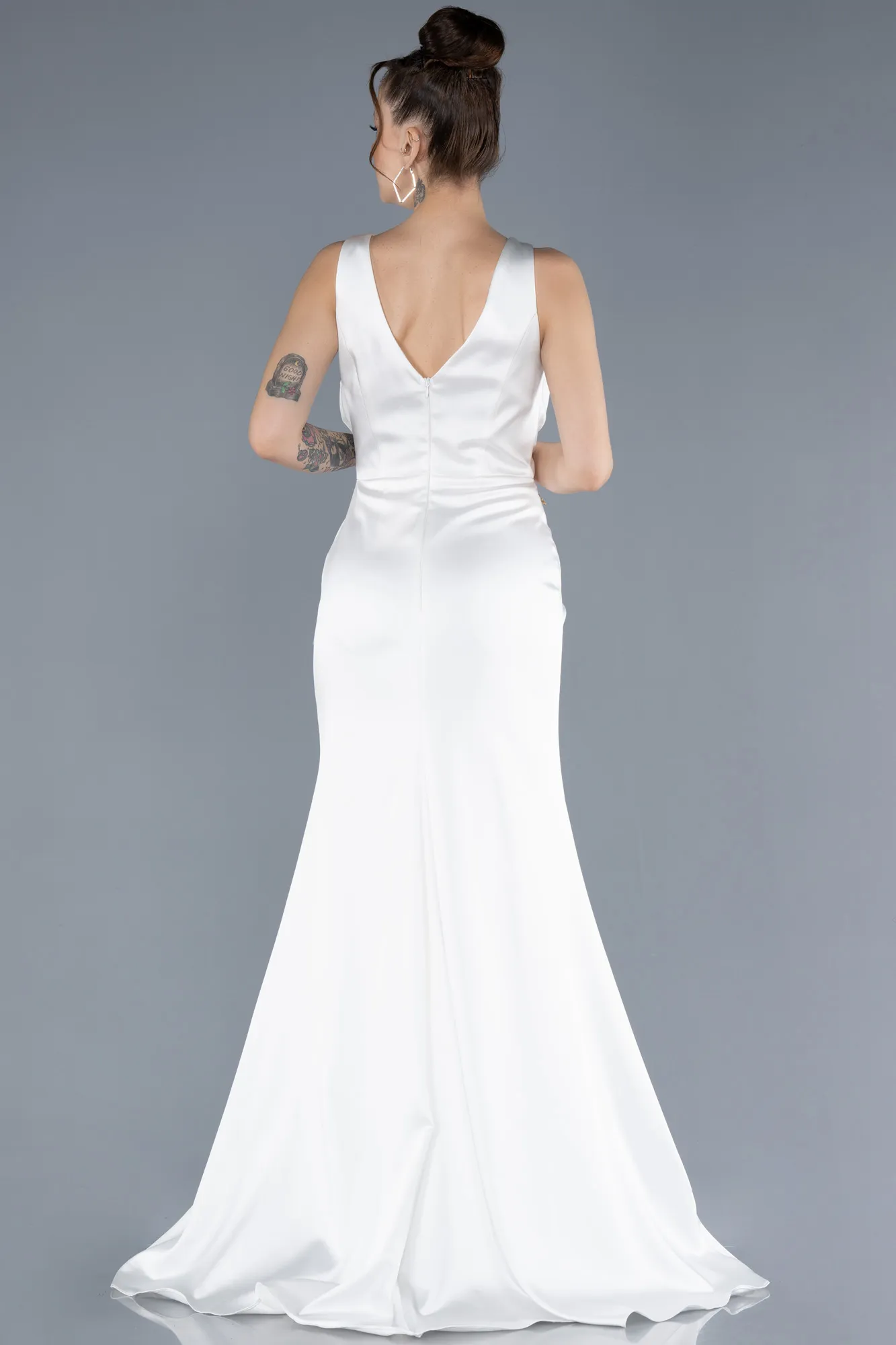 Ecru-Long Satin Evening Dress ABU4624