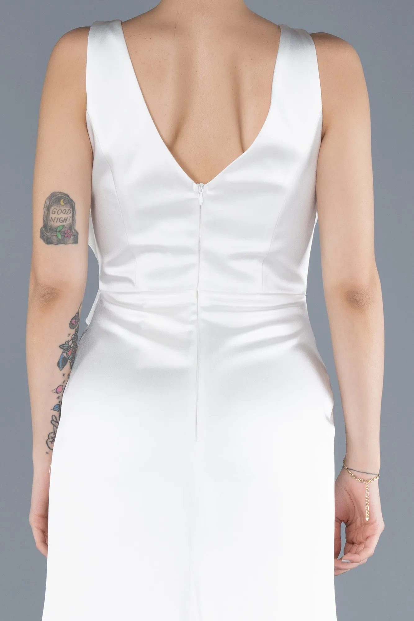 Ecru-Long Satin Evening Dress ABU4624