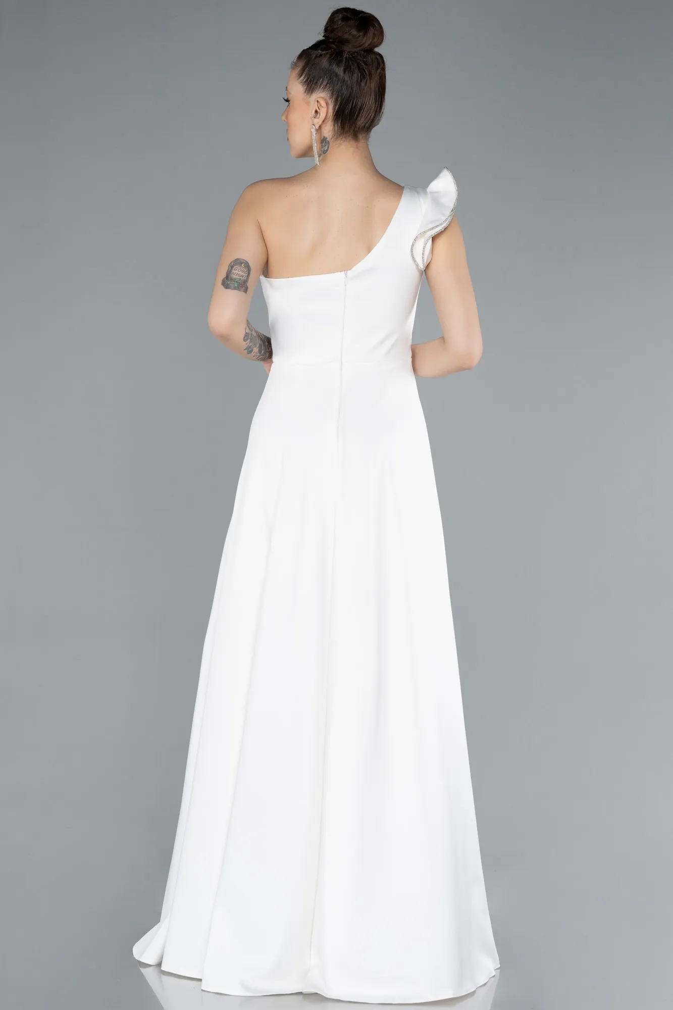 Ecru-Long Satin Evening Dress ABU4658