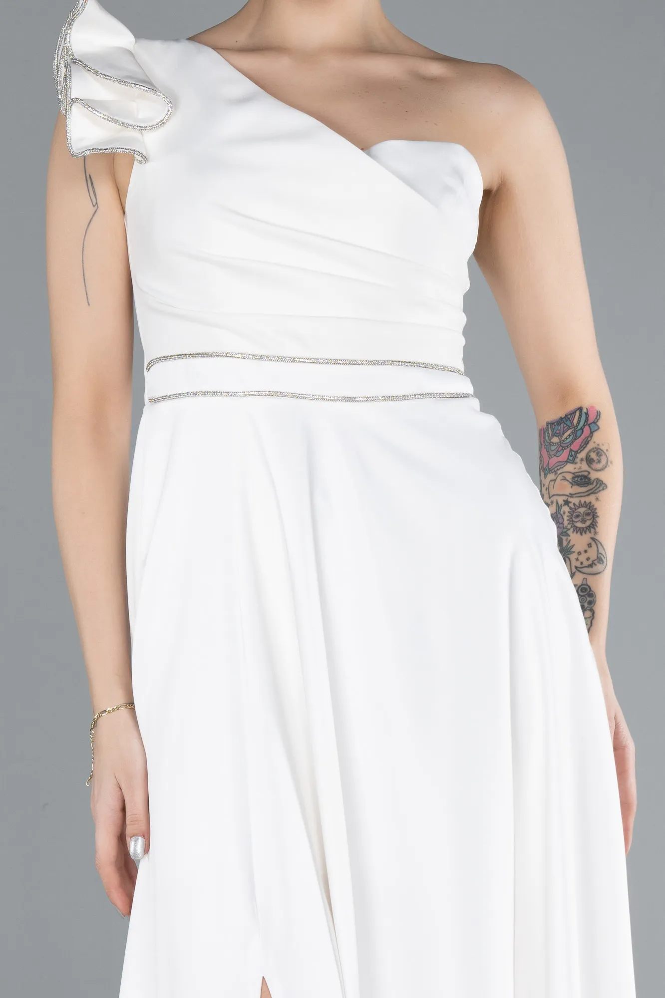 Ecru-Long Satin Evening Dress ABU4658