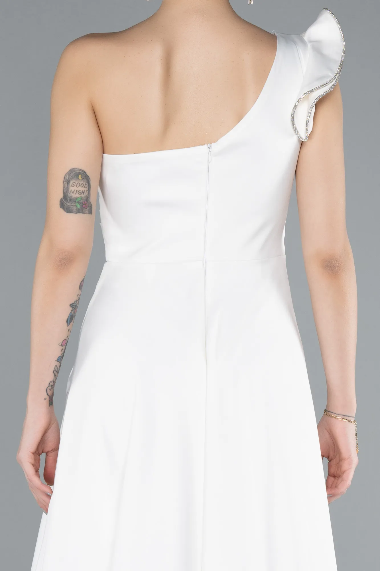 Ecru-Long Satin Evening Dress ABU4658