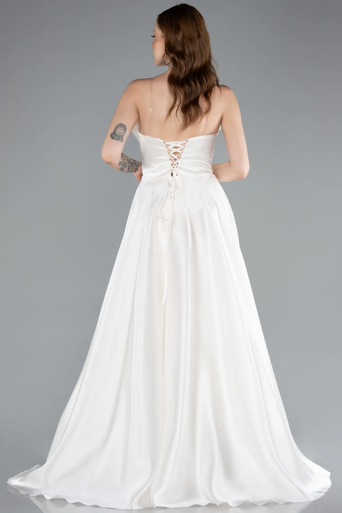 Ecru-Long Satin Evening Dress ABU4975