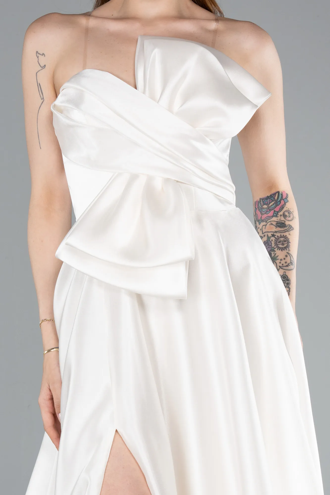 Ecru-Long Satin Evening Dress ABU4975