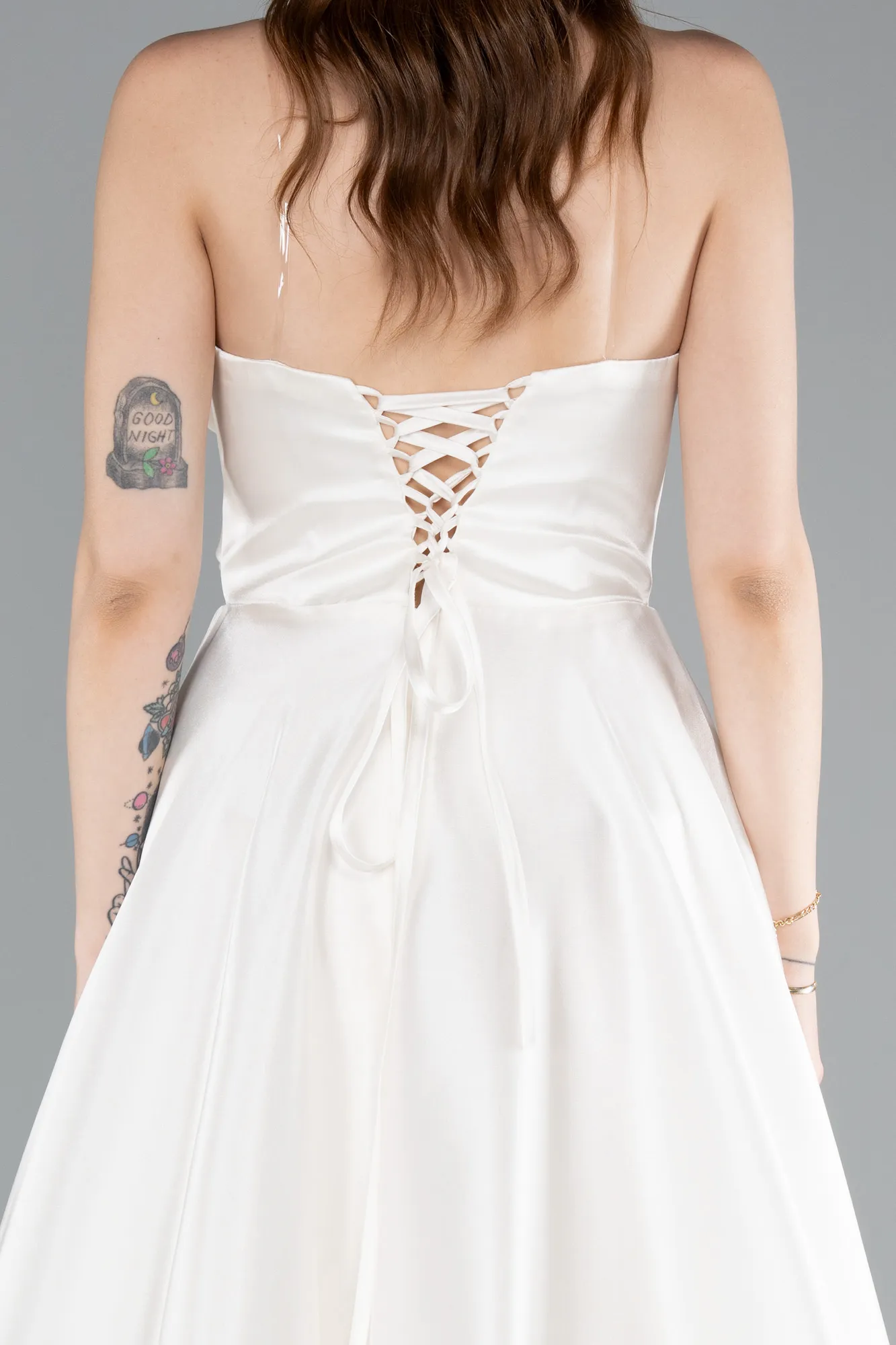 Ecru-Long Satin Evening Dress ABU4975