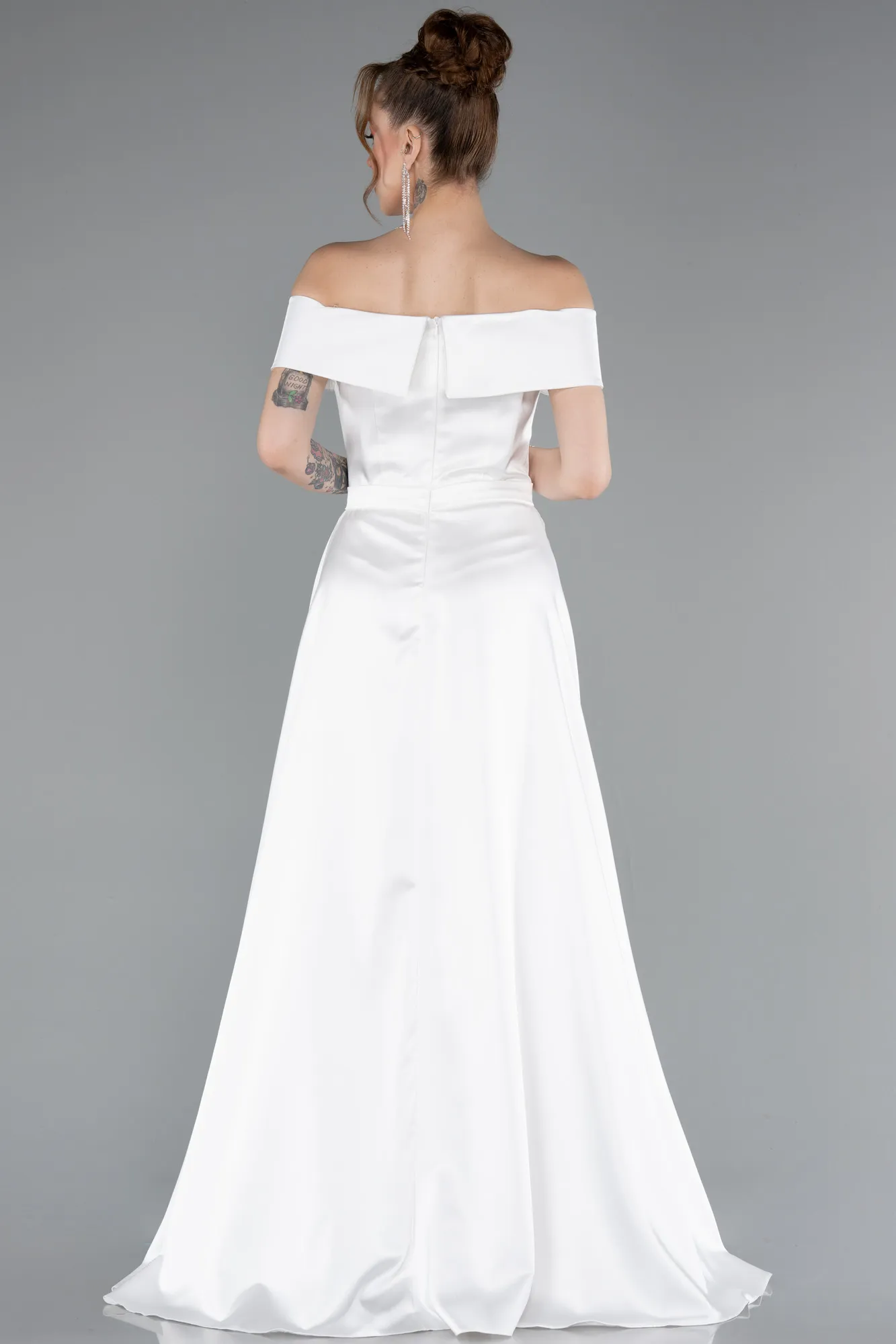 Ecru-Long Satin Evening Dress ABU4982