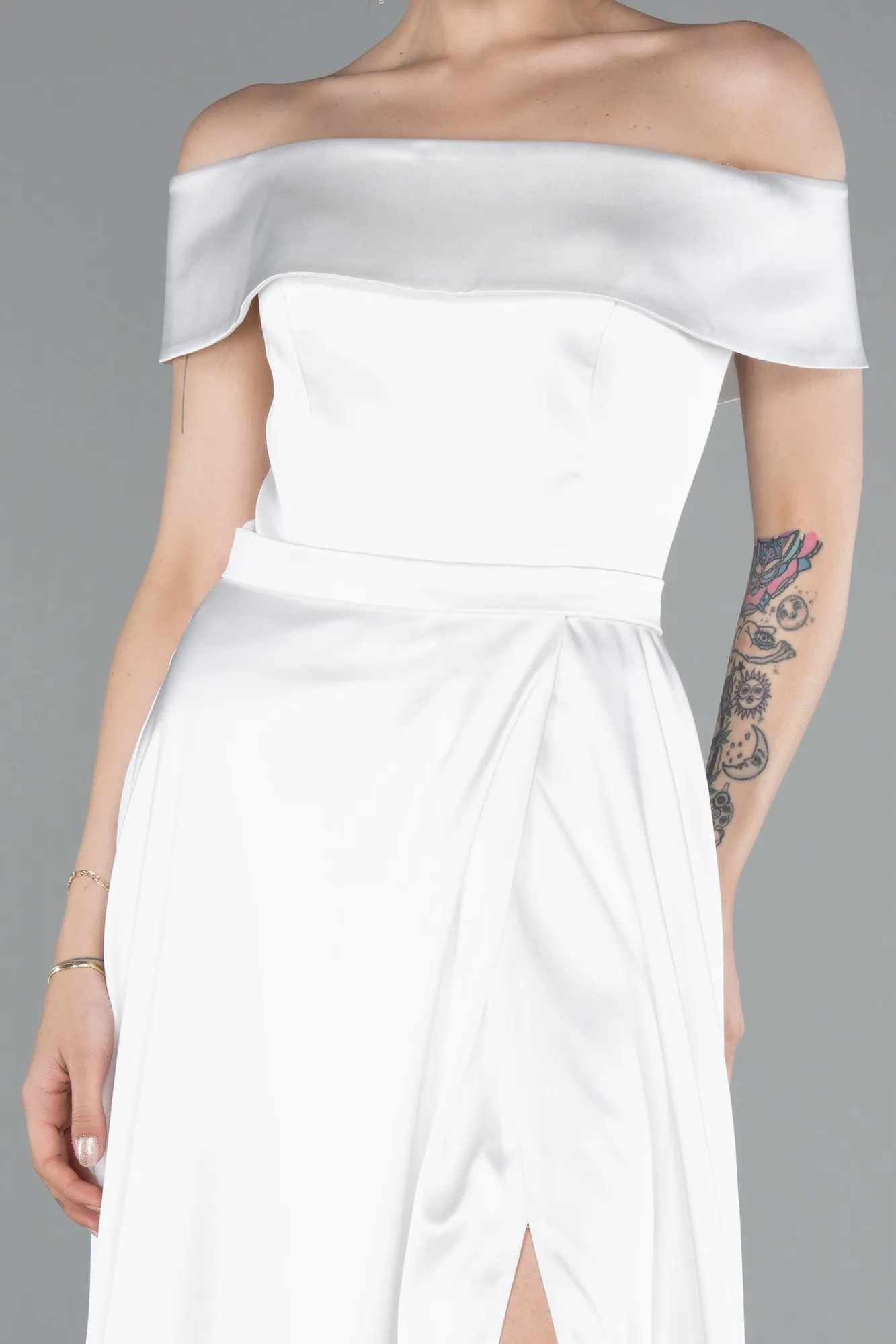 Ecru-Long Satin Evening Dress ABU4982