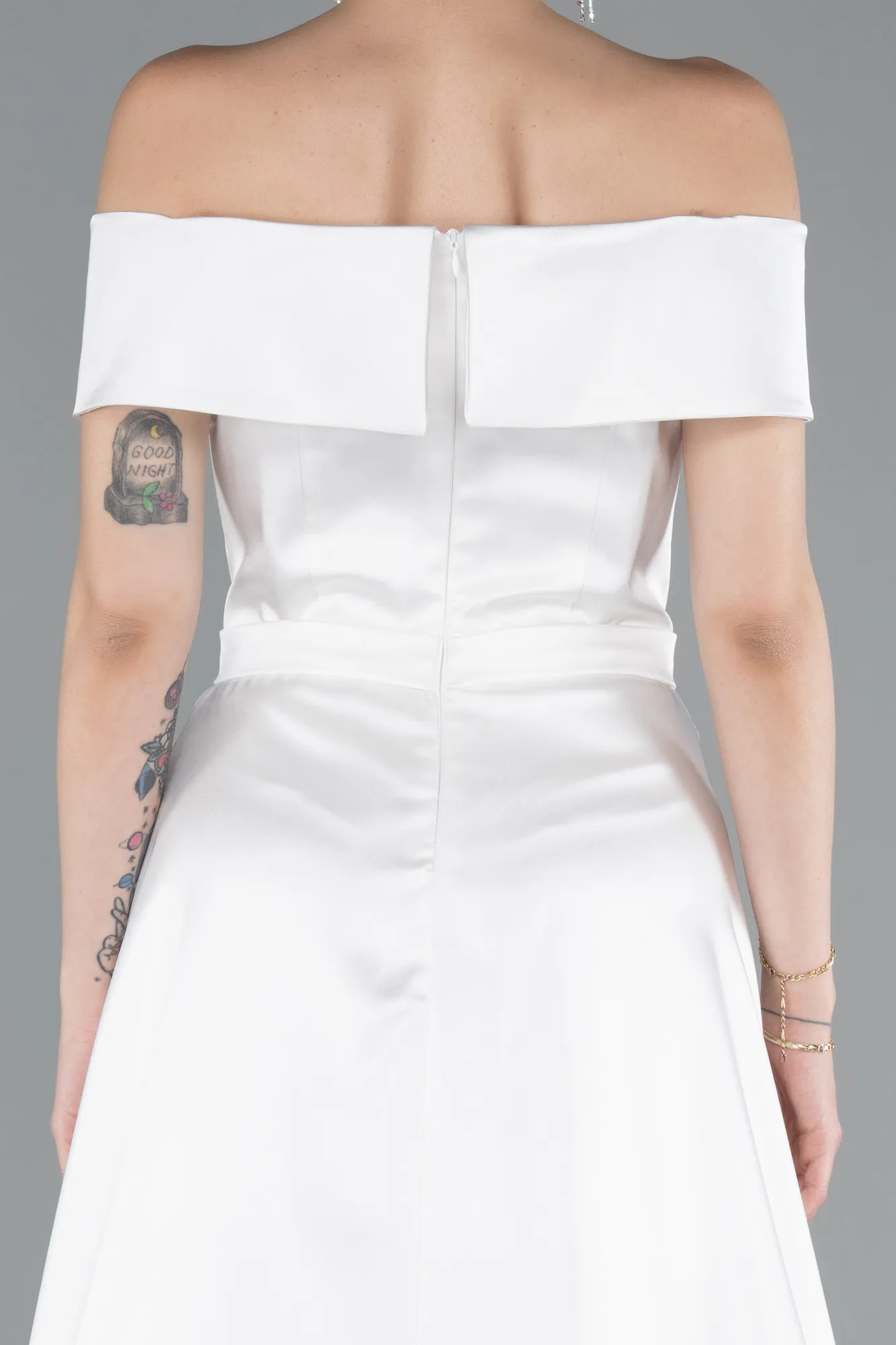 Ecru-Long Satin Evening Dress ABU4982