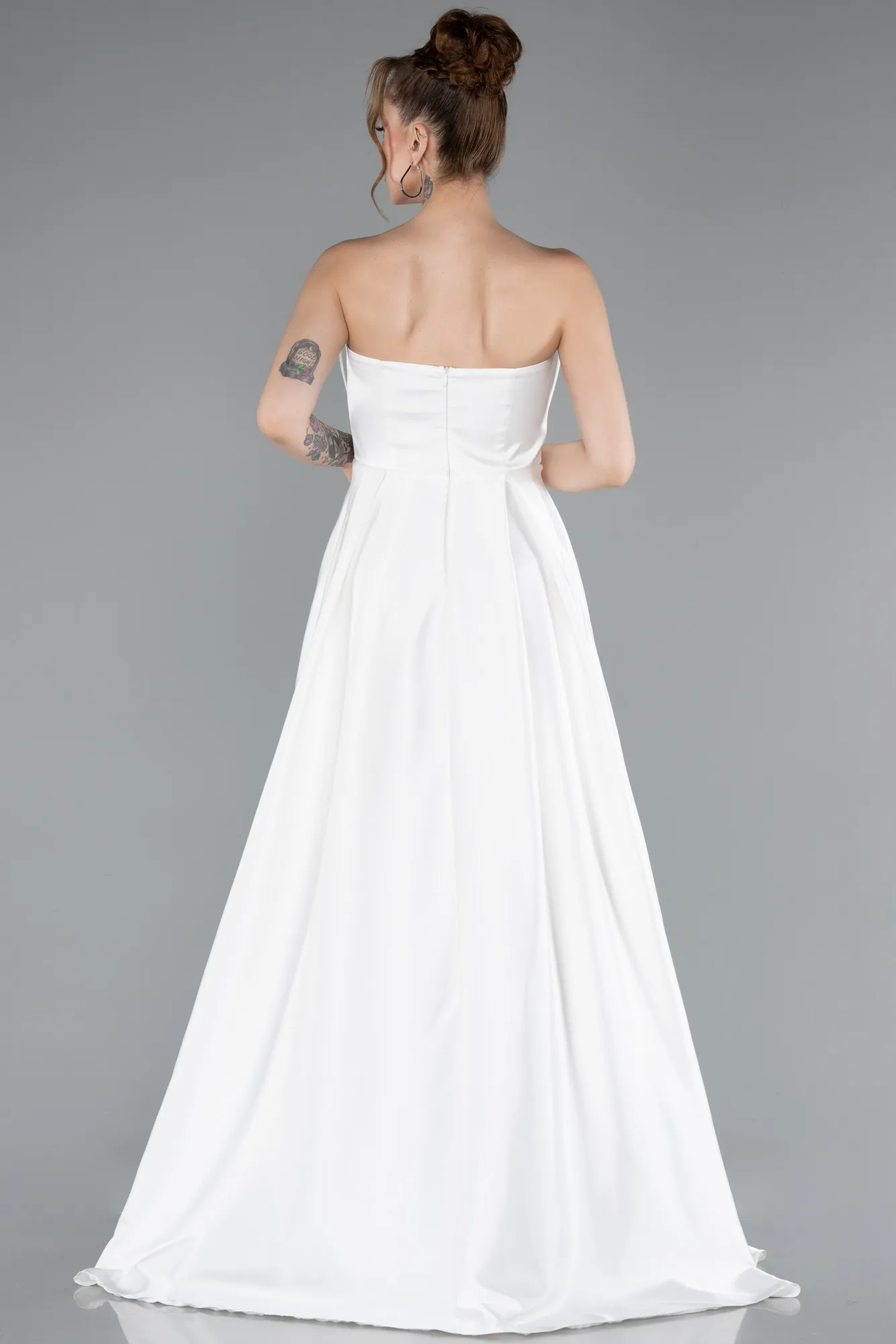 Ecru-Long Satin Evening Dress ABU4997