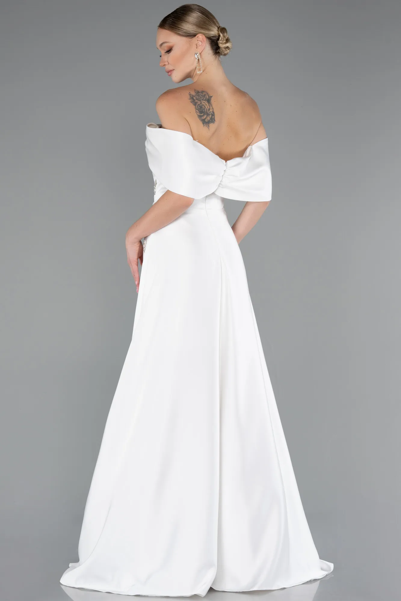 Ecru-Long Satin Evening Dress ABU5015