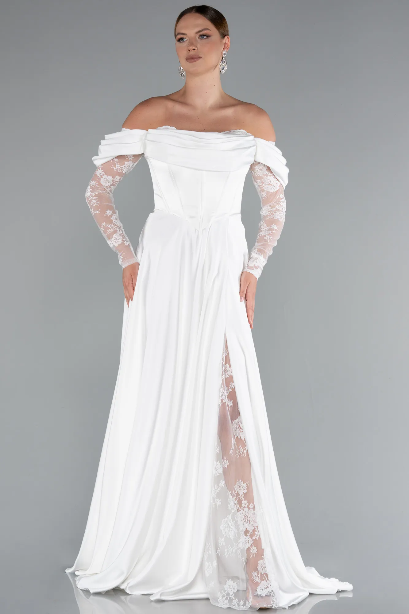 Ecru-Long Satin Evening Dress ABU5054