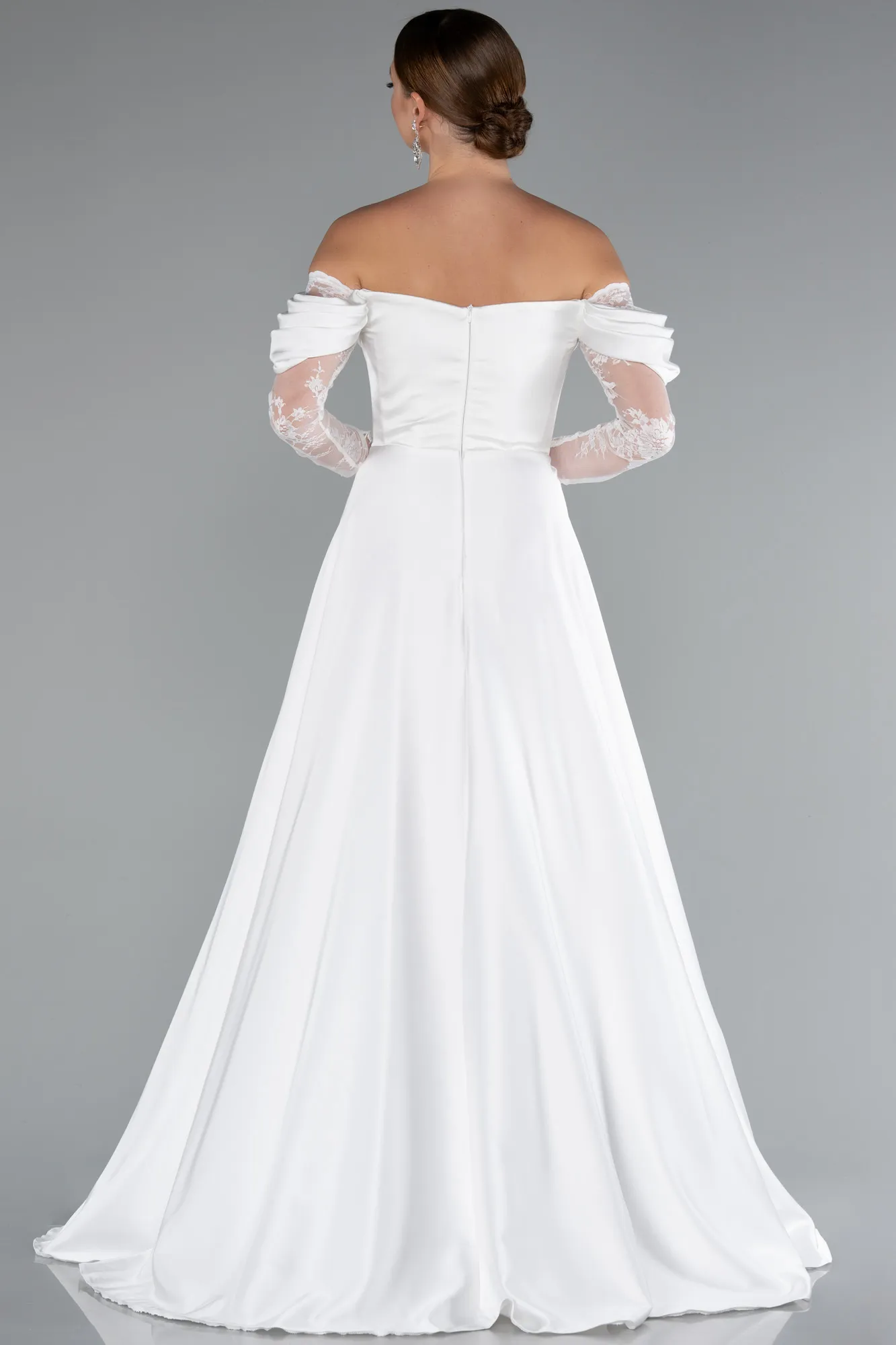 Ecru-Long Satin Evening Dress ABU5054