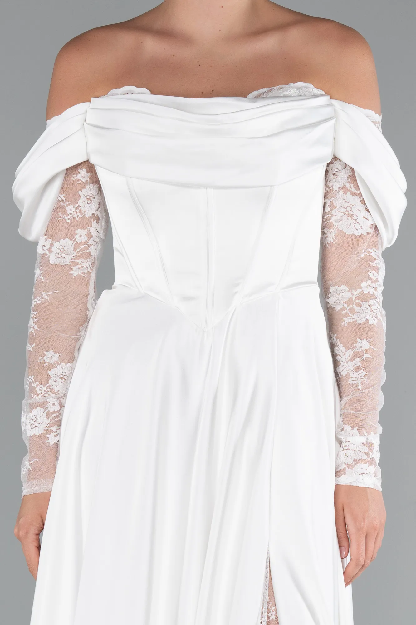 Ecru-Long Satin Evening Dress ABU5054