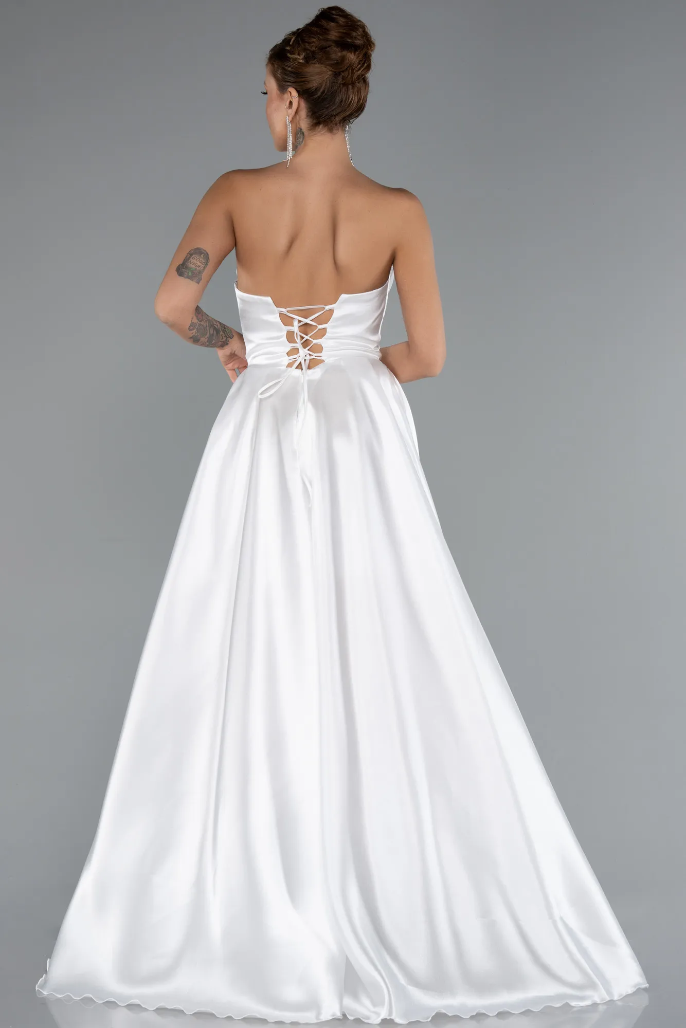 Ecru-Long Satin Evening Dress ABU5064