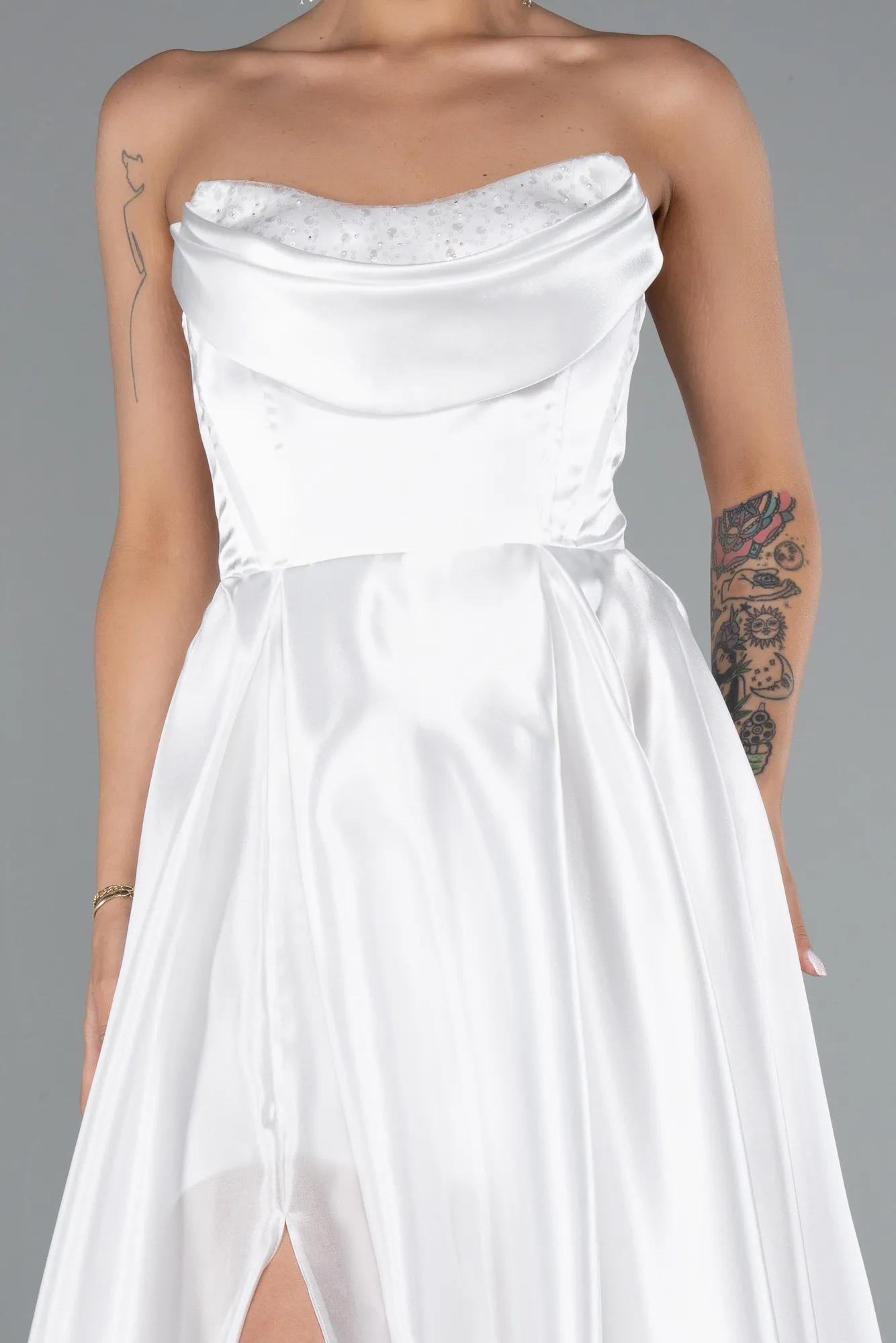 Ecru-Long Satin Evening Dress ABU5064