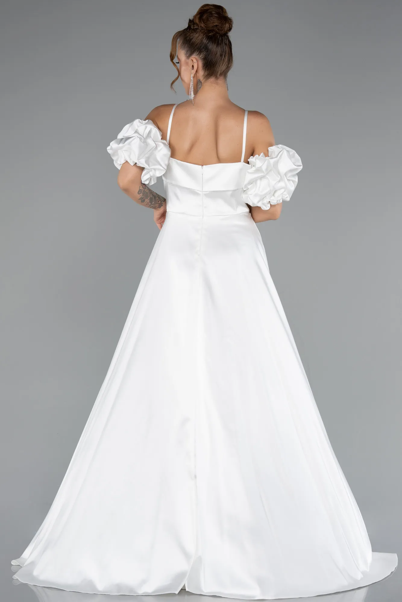 Ecru-Long Satin Evening Dress ABU5103