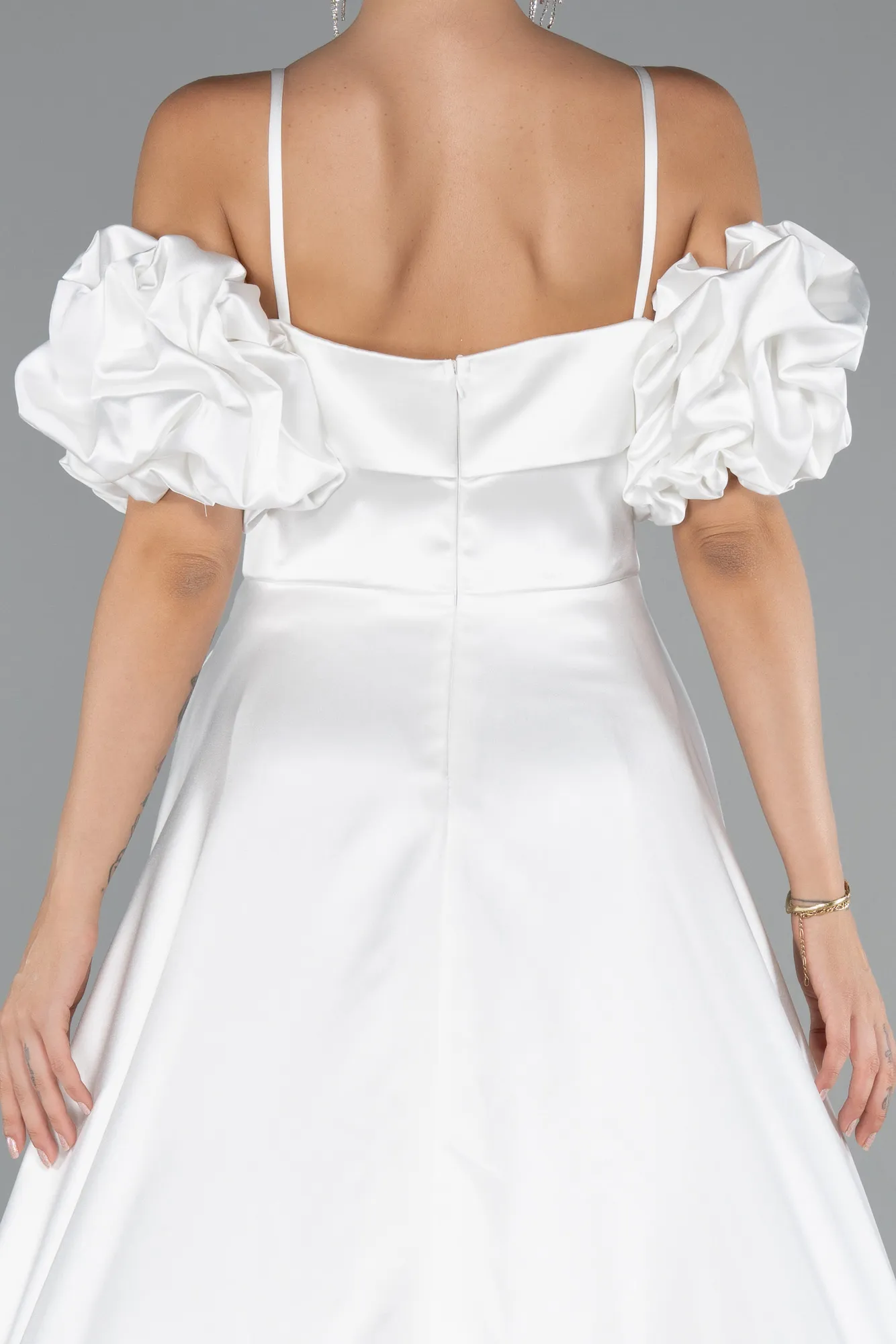 Ecru-Long Satin Evening Dress ABU5103