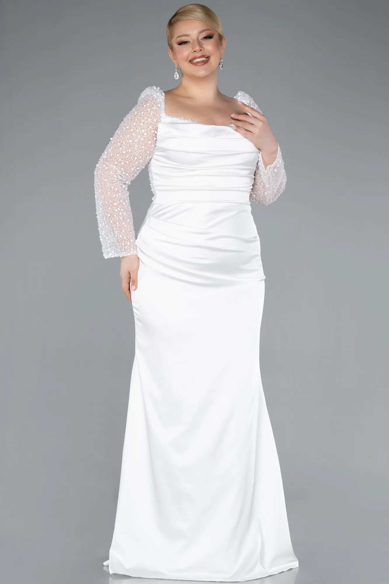 Ecru-Long Satin Formal Plus Size Dress ABU4670