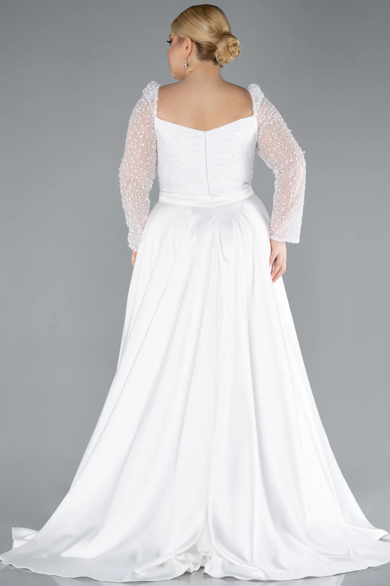 Ecru-Long Satin Formal Plus Size Dress ABU4670