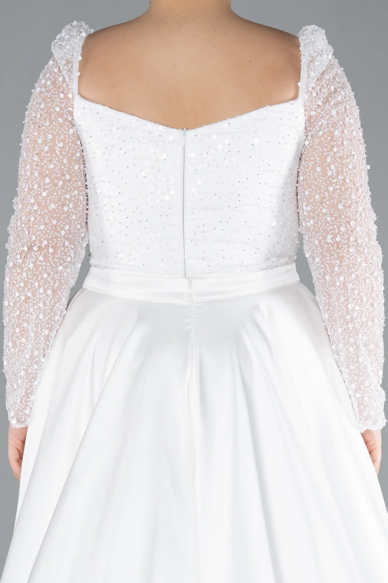 Ecru-Long Satin Formal Plus Size Dress ABU4670