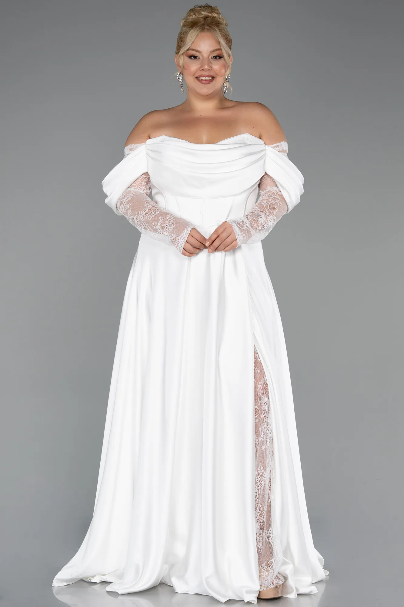 Ecru-Long Satin Formal Plus Size Dress ABU5261
