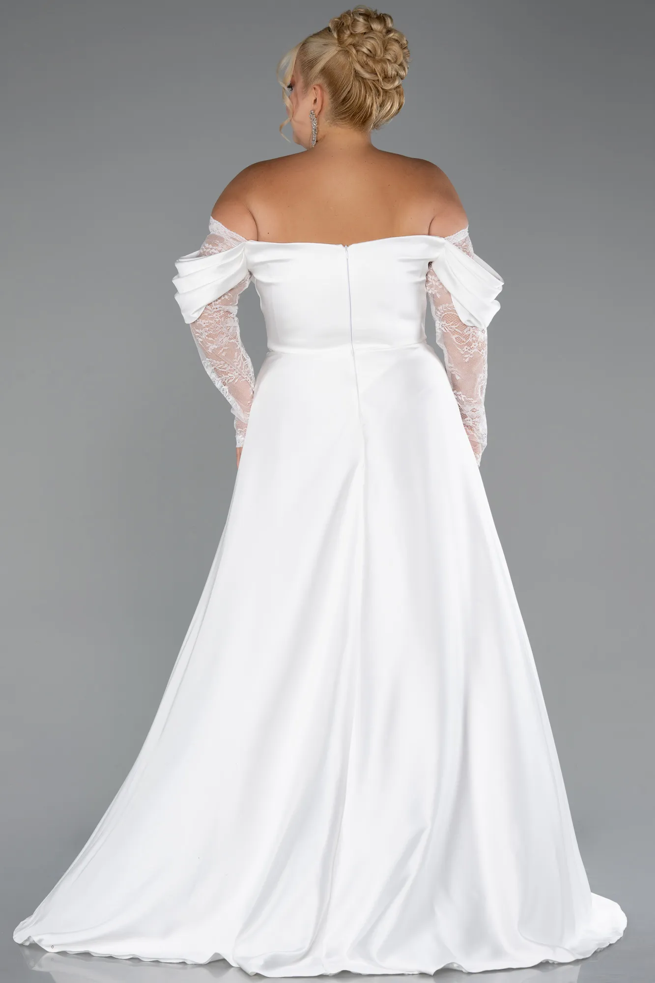 Ecru-Long Satin Formal Plus Size Dress ABU5261