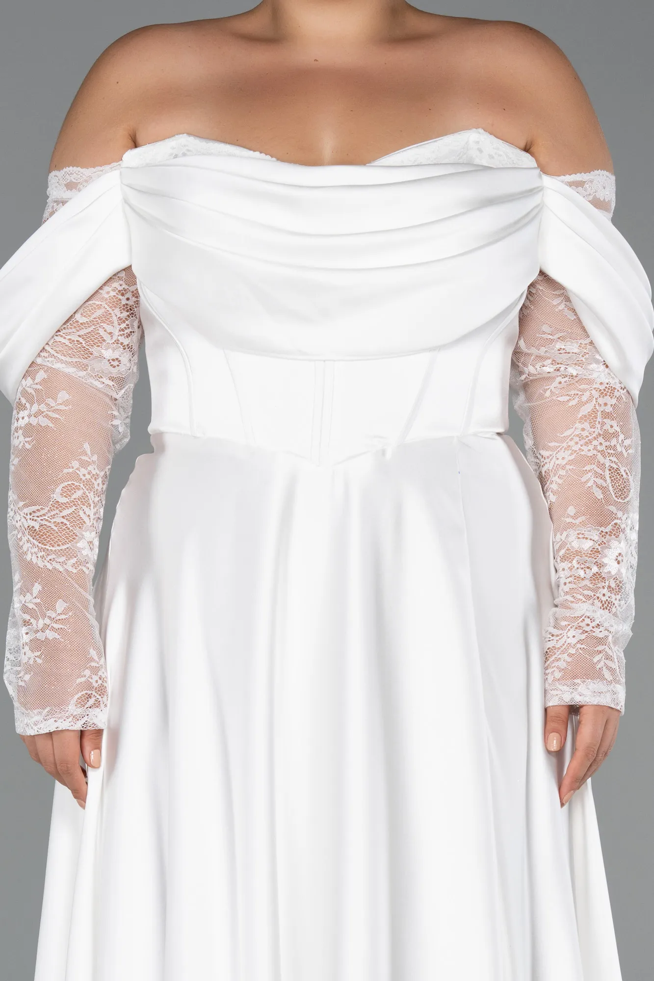 Ecru-Long Satin Formal Plus Size Dress ABU5261