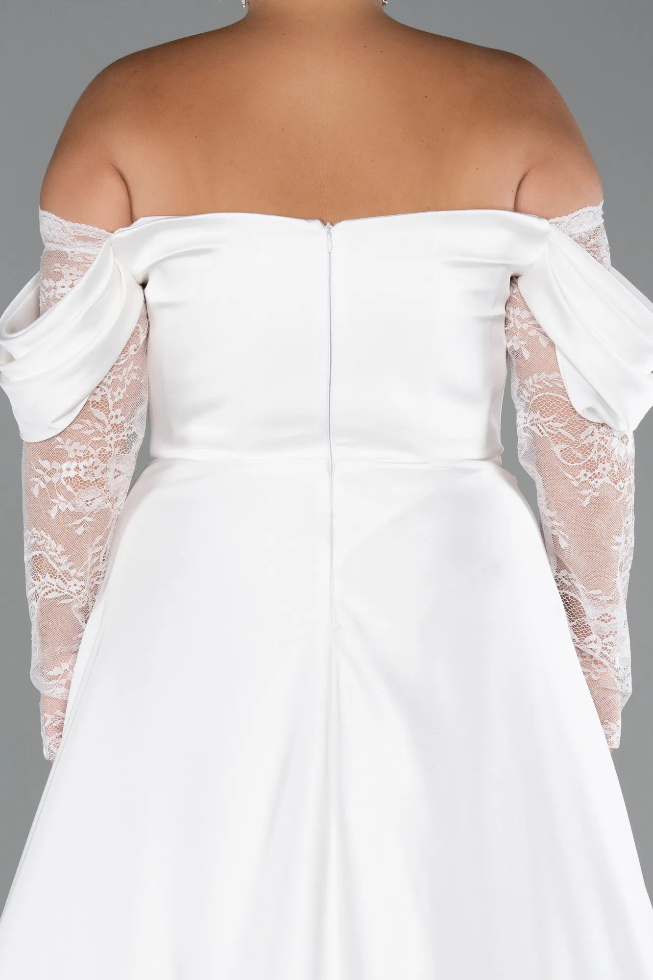 Ecru-Long Satin Formal Plus Size Dress ABU5261