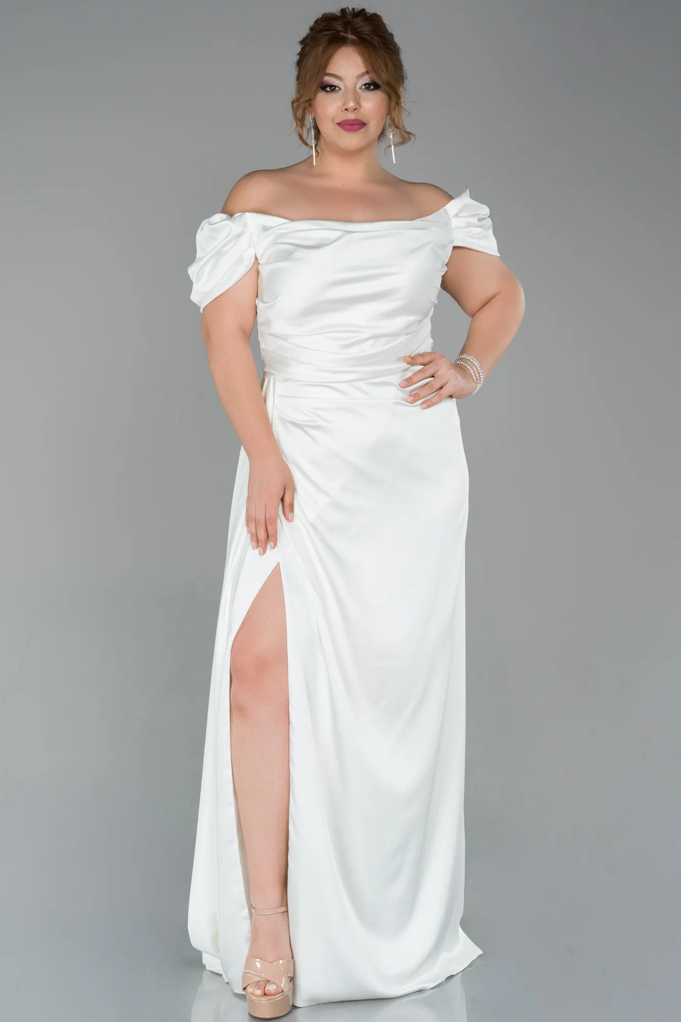 Ecru-Long Satin Plus Size Evening Dress ABU1626