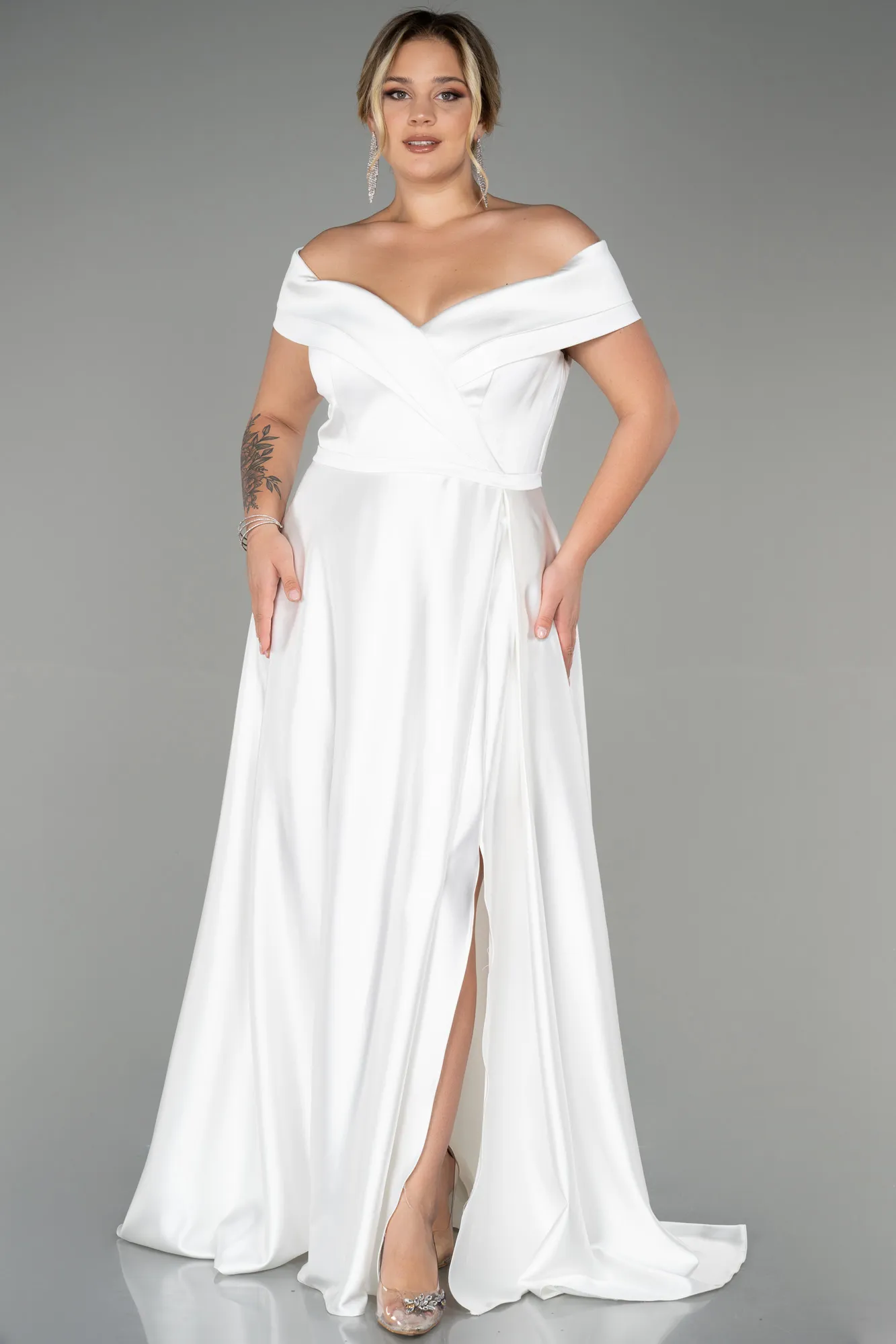 Ecru-Long Satin Plus Size Evening Dress ABU2355