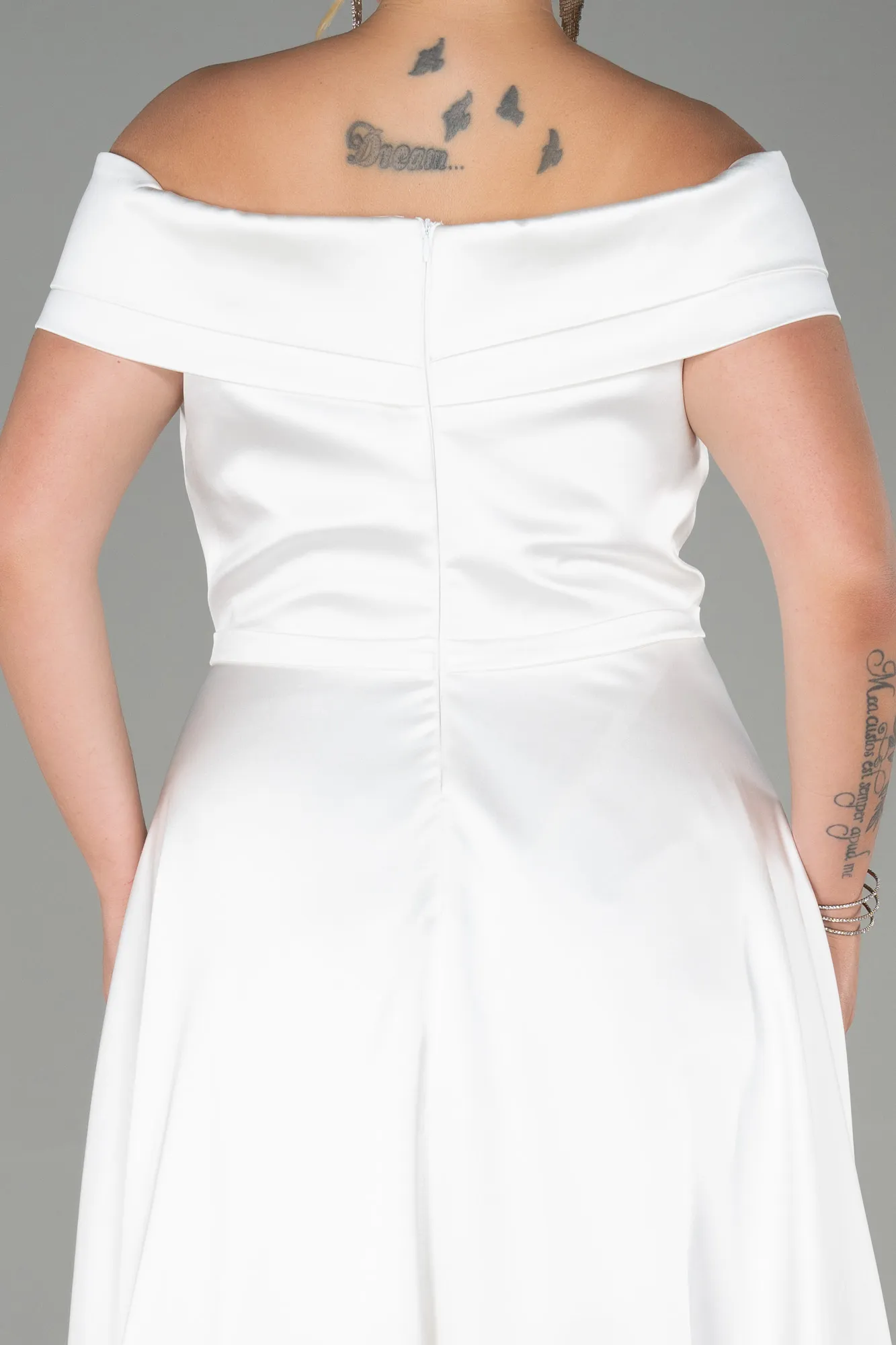 Ecru-Long Satin Plus Size Evening Dress ABU2355