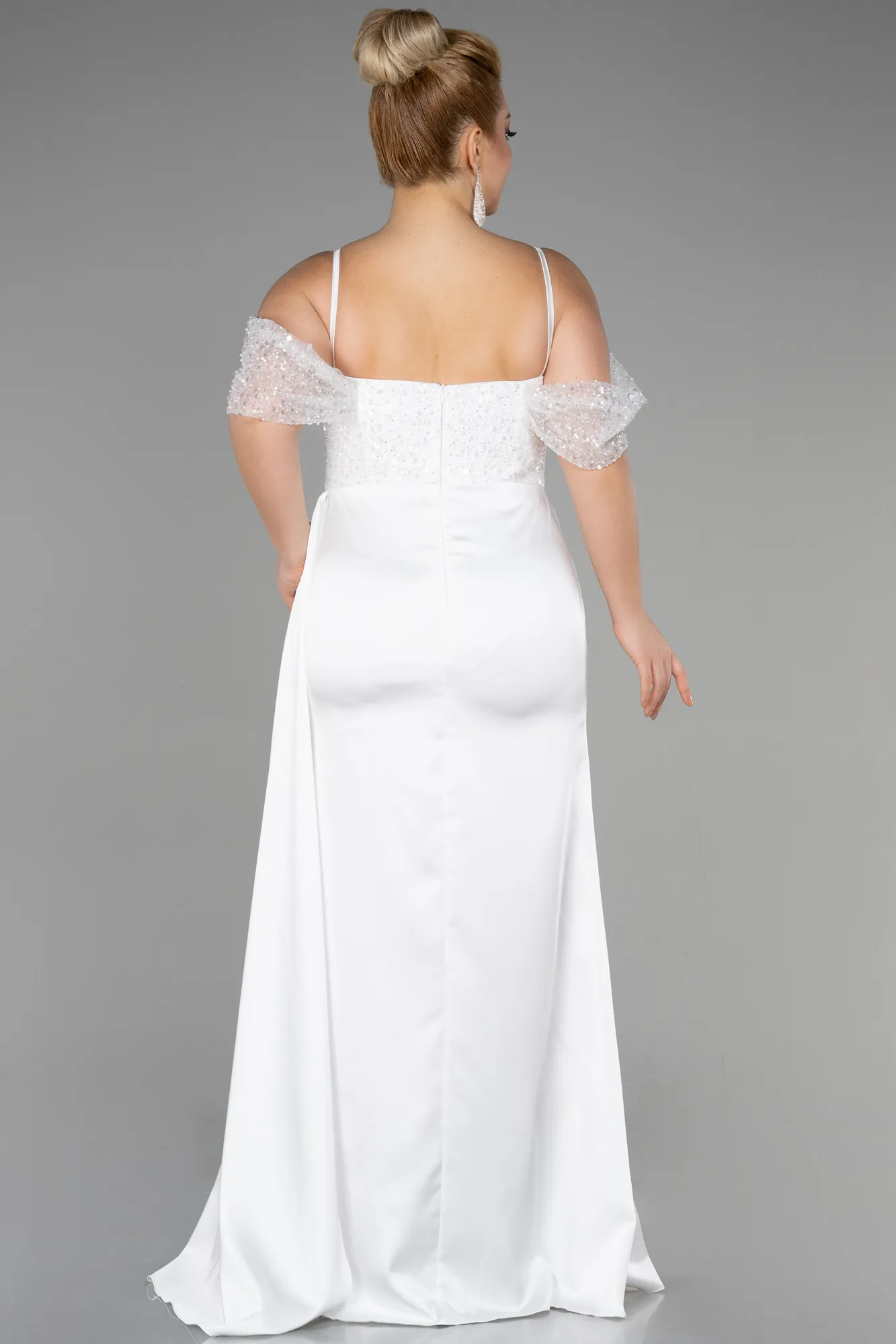 Ecru-Long Satin Plus Size Evening Dress ABU3522