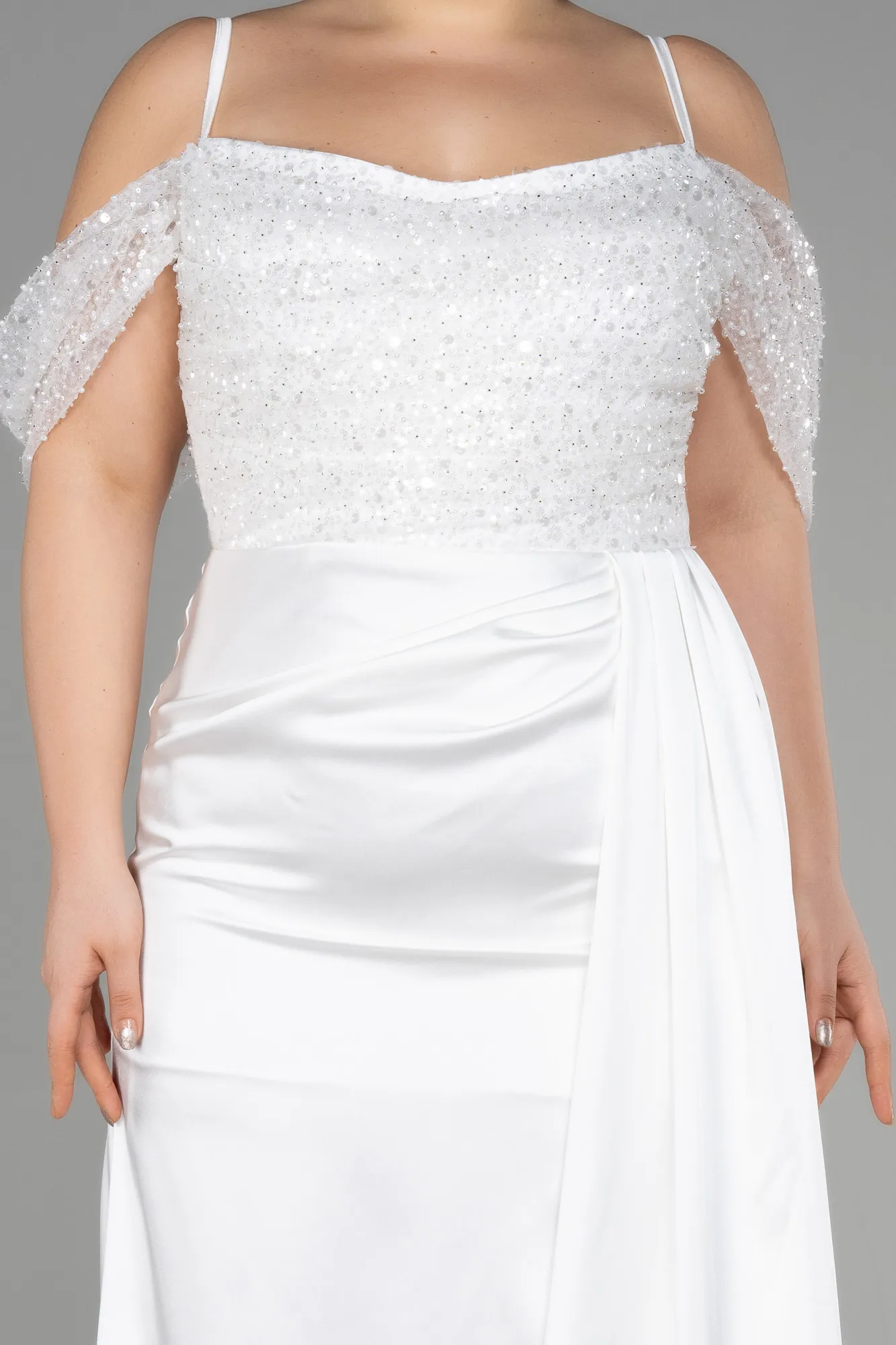 Ecru-Long Satin Plus Size Evening Dress ABU3522