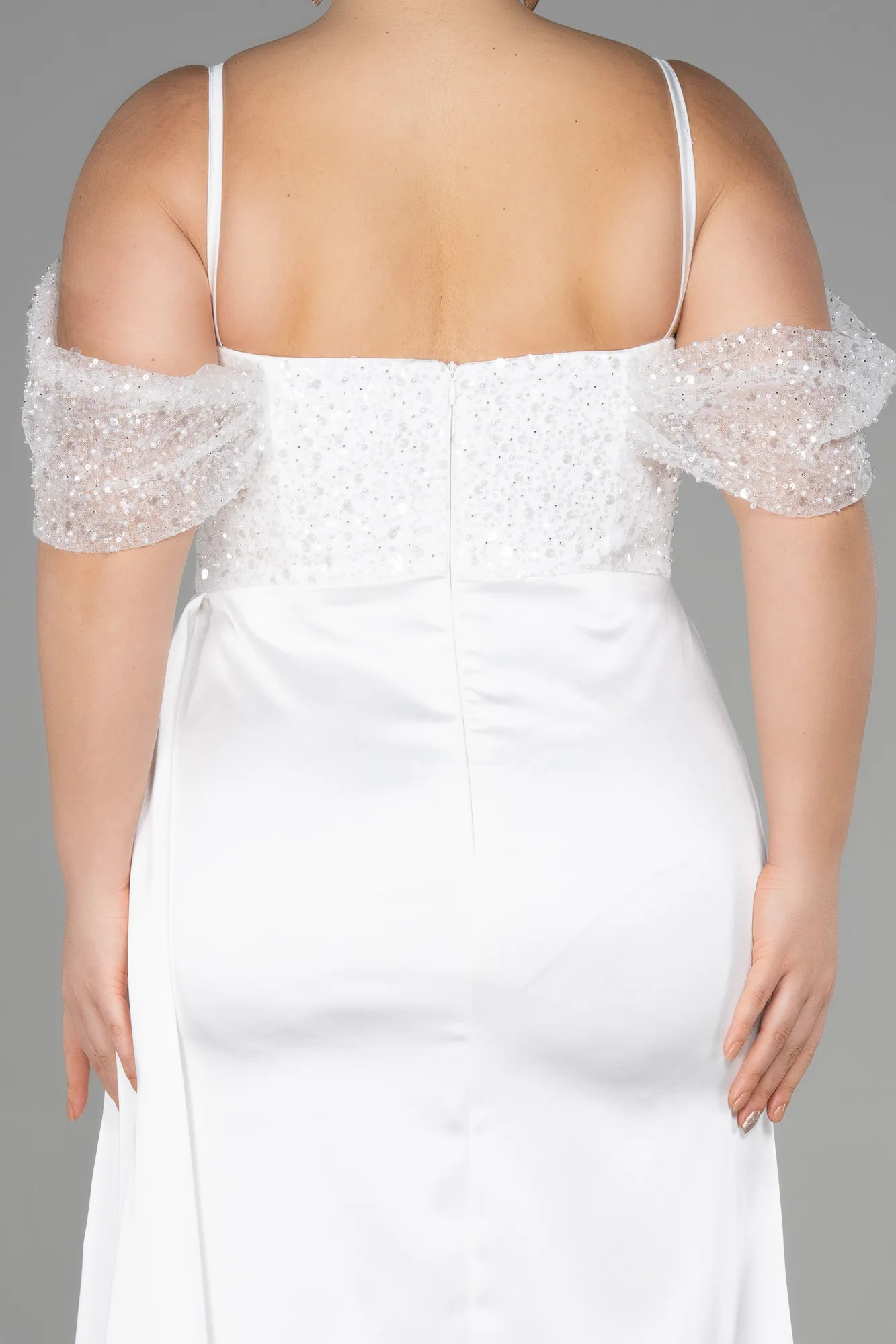 Ecru-Long Satin Plus Size Evening Dress ABU3522