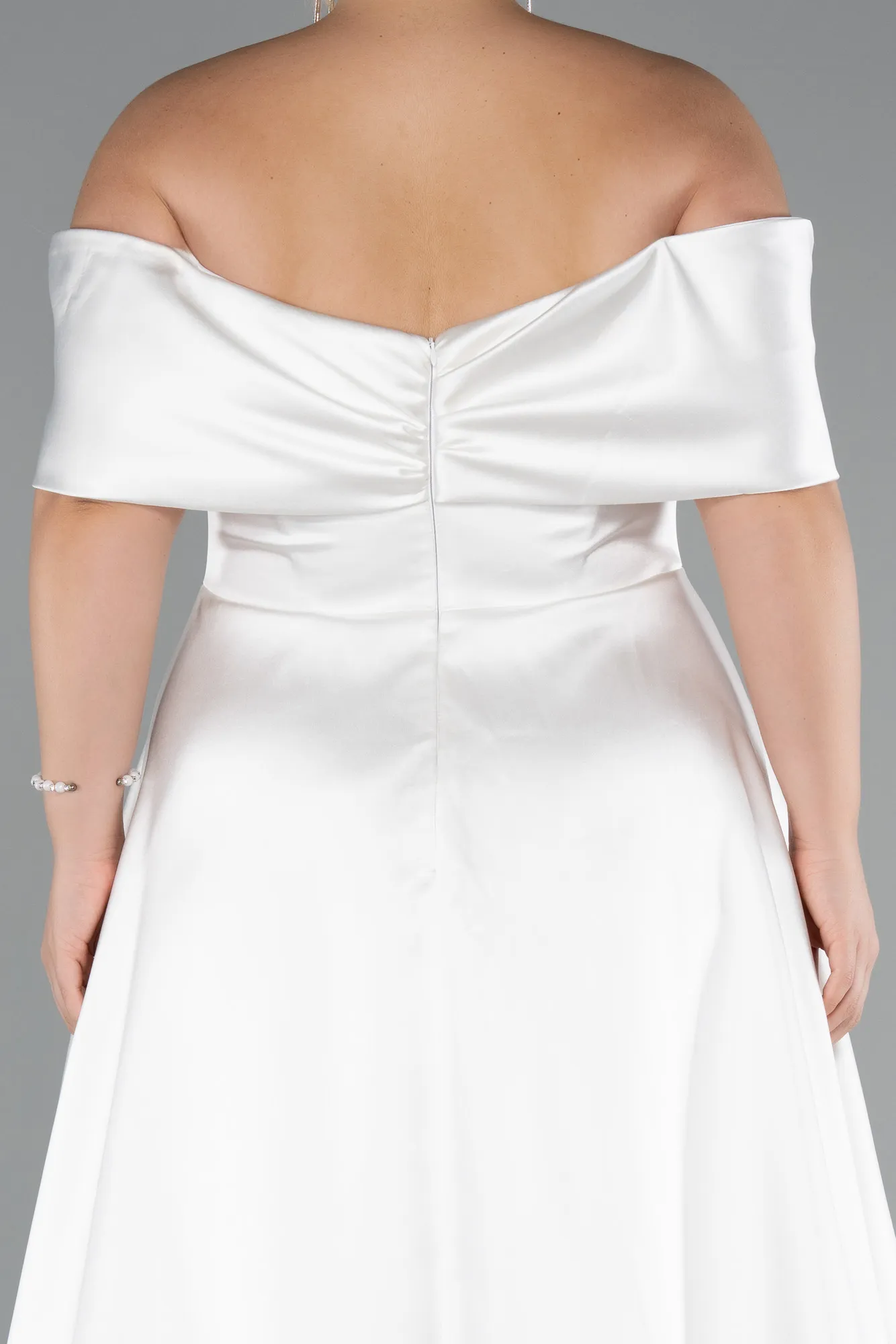 Ecru-Long Satin Plus Size Evening Gown ABU4998