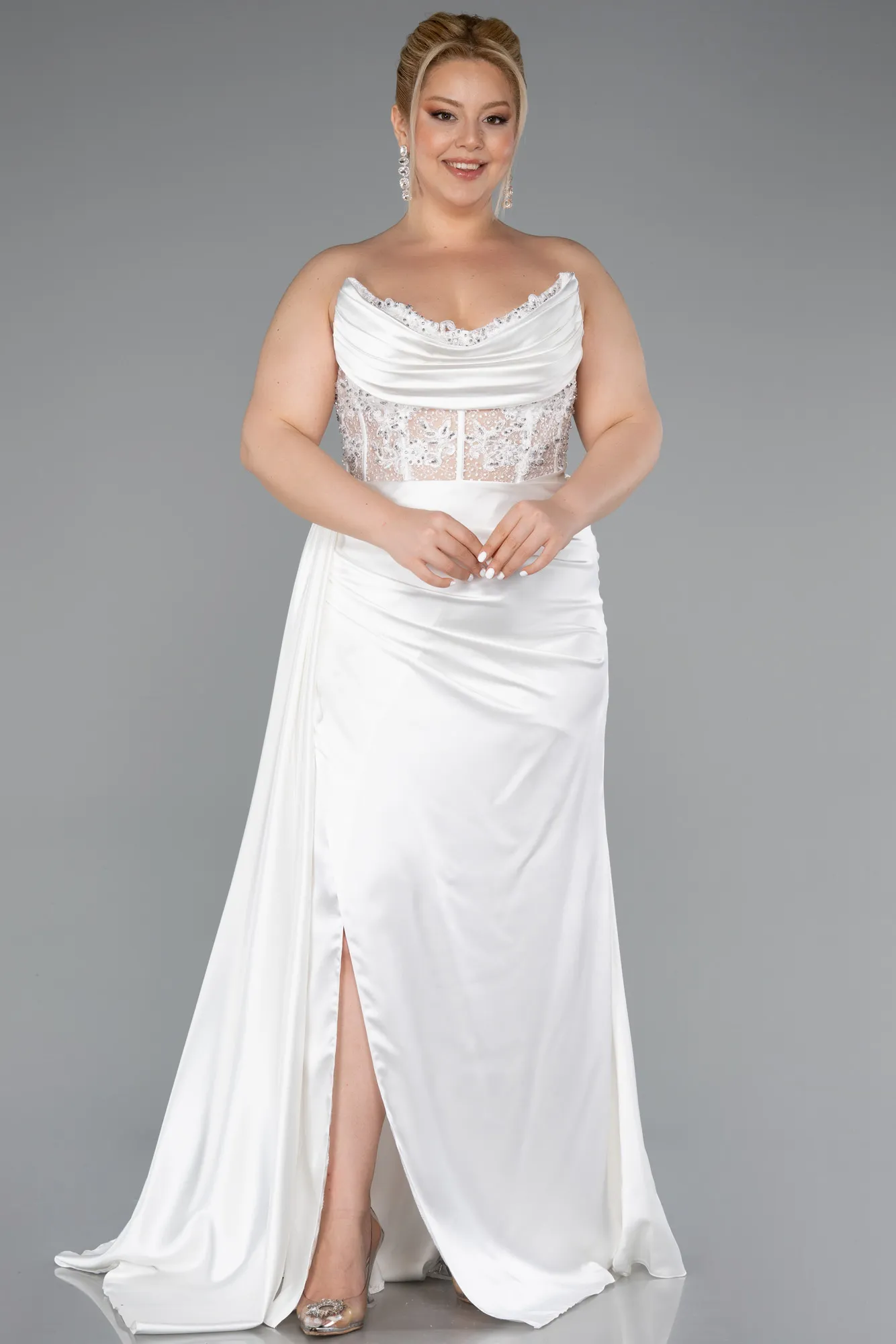 Ecru-Long Satin Plus Size Prom Dress ABU3855