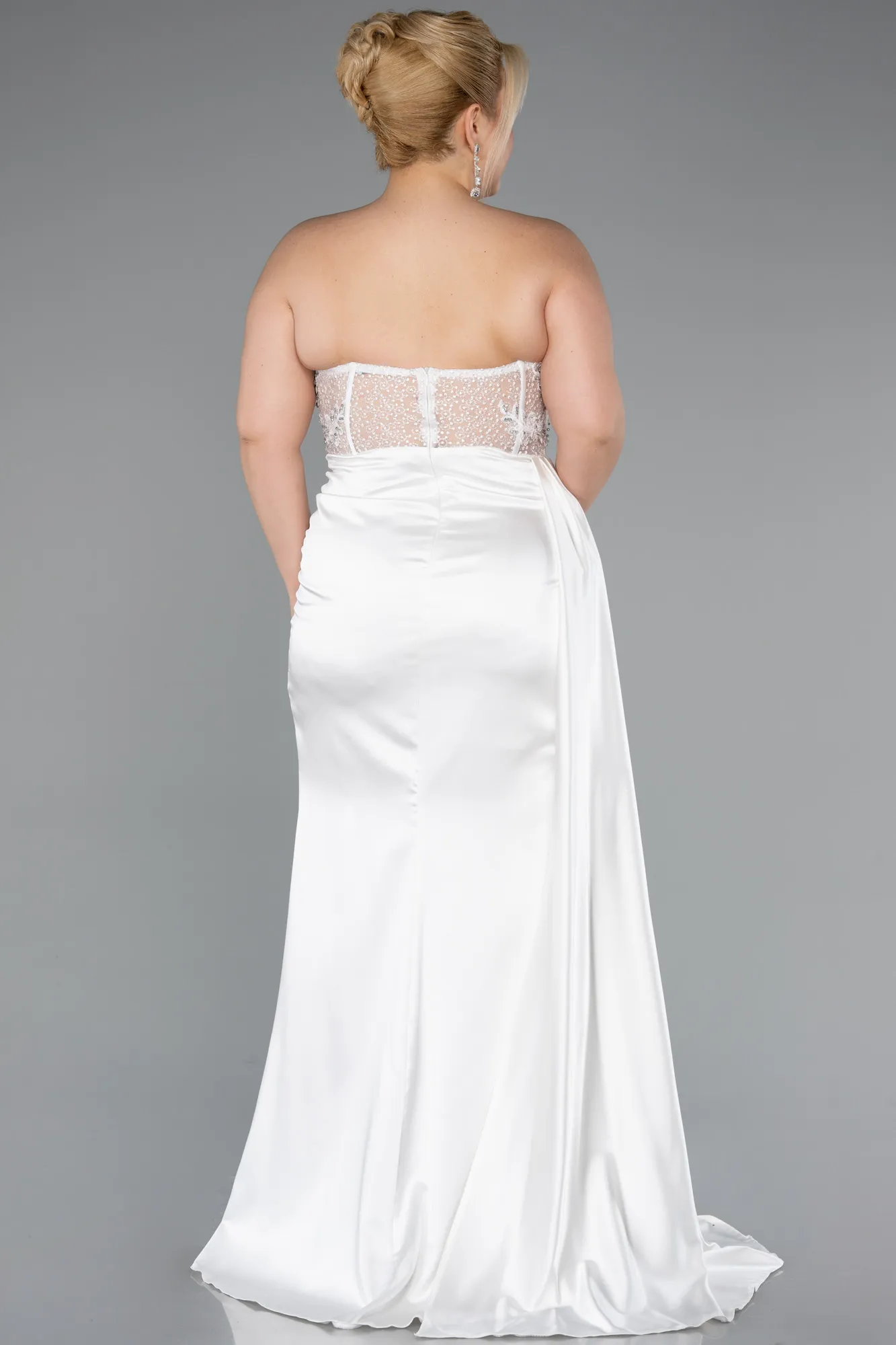 Ecru-Long Satin Plus Size Prom Dress ABU3855