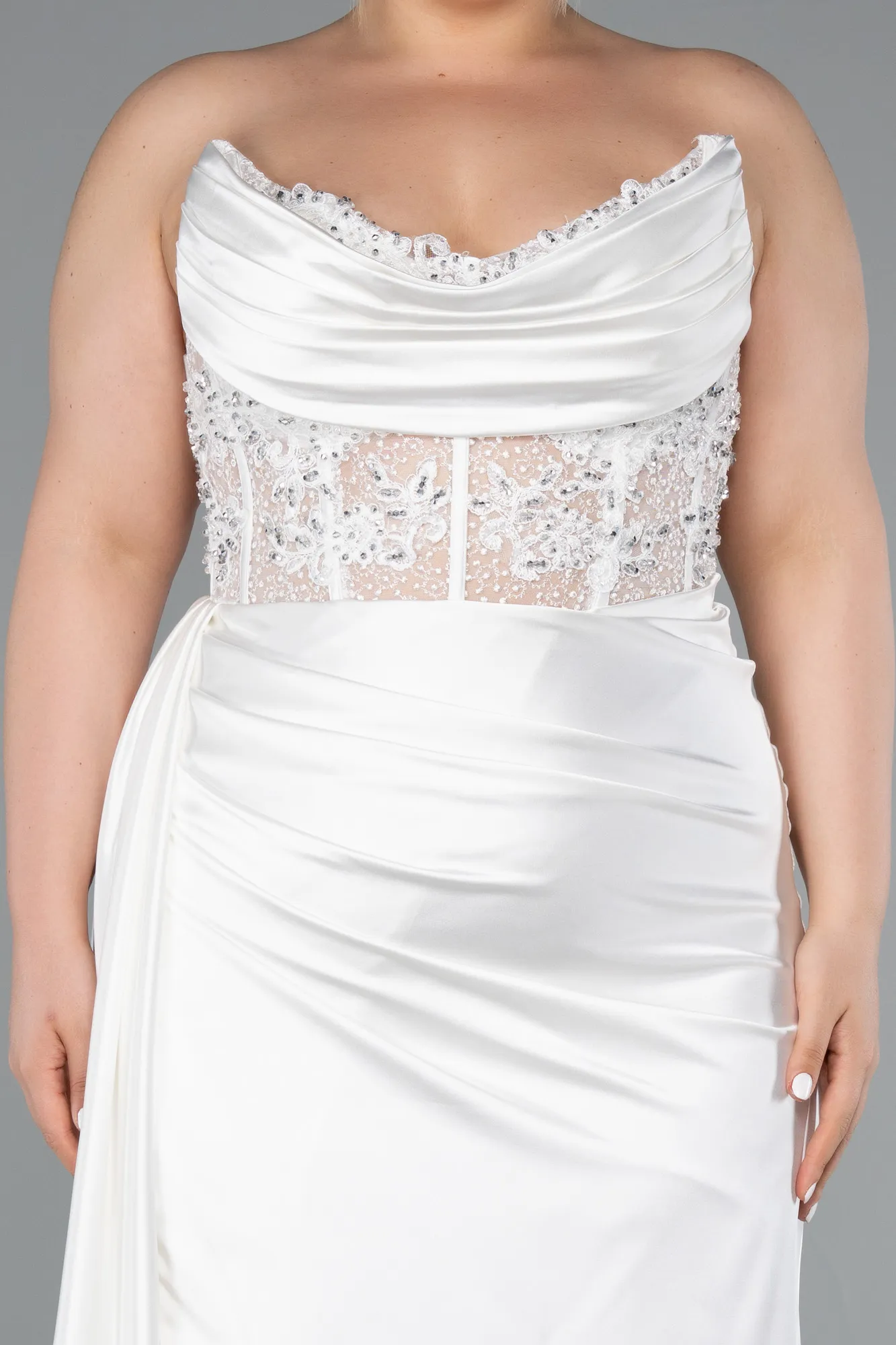 Ecru-Long Satin Plus Size Prom Dress ABU3855