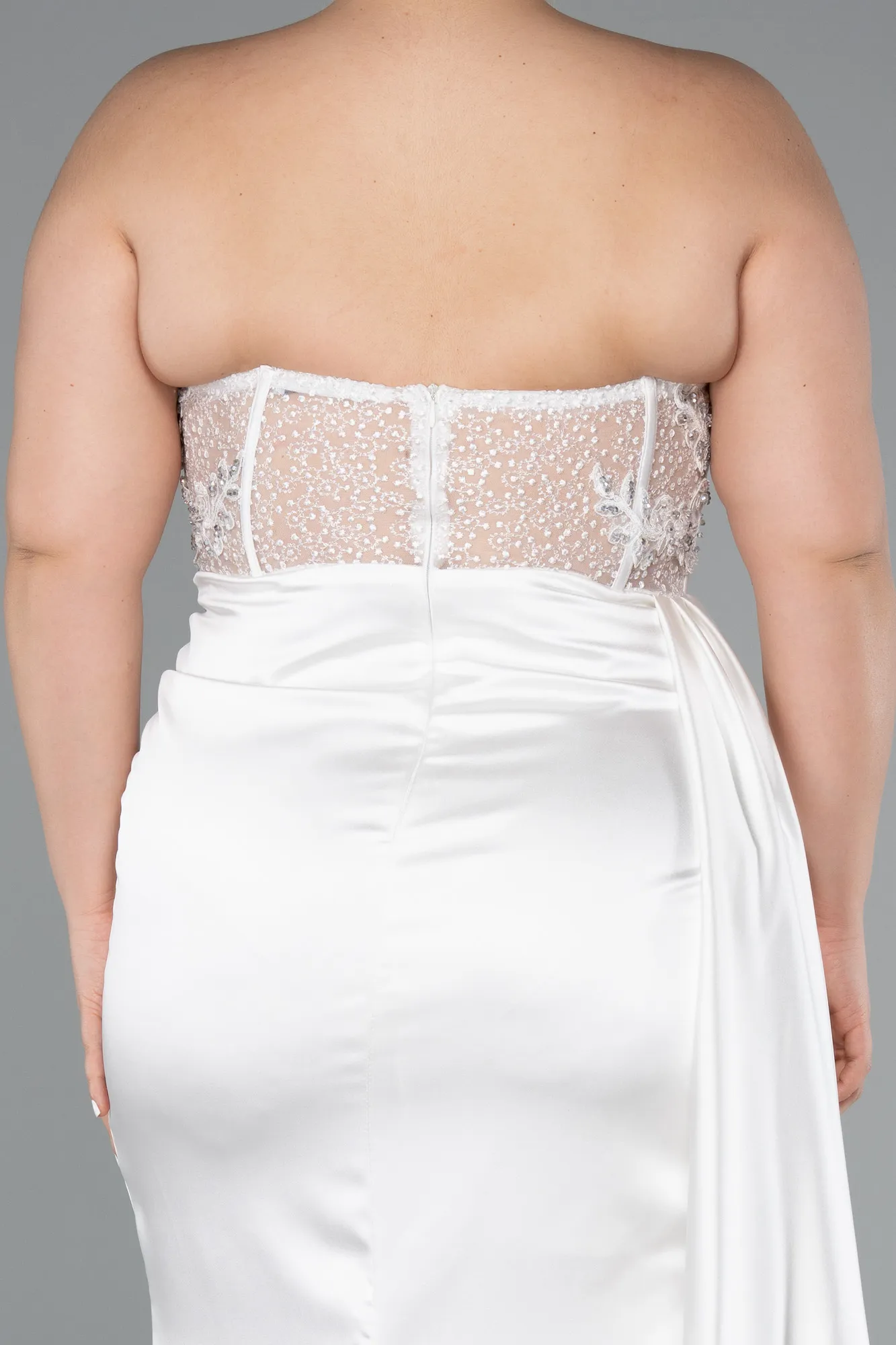 Ecru-Long Satin Plus Size Prom Dress ABU3855